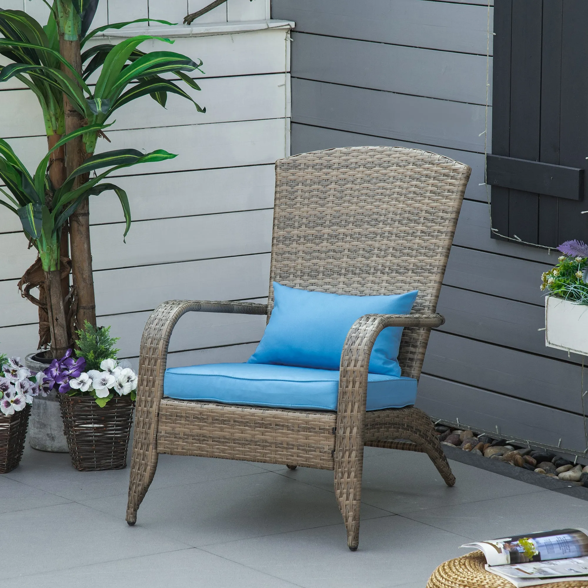 Adironrack Garden Chair with Armrests, Rattan and Steel, 64x80x90 cm, Brown and Blue - Image 2