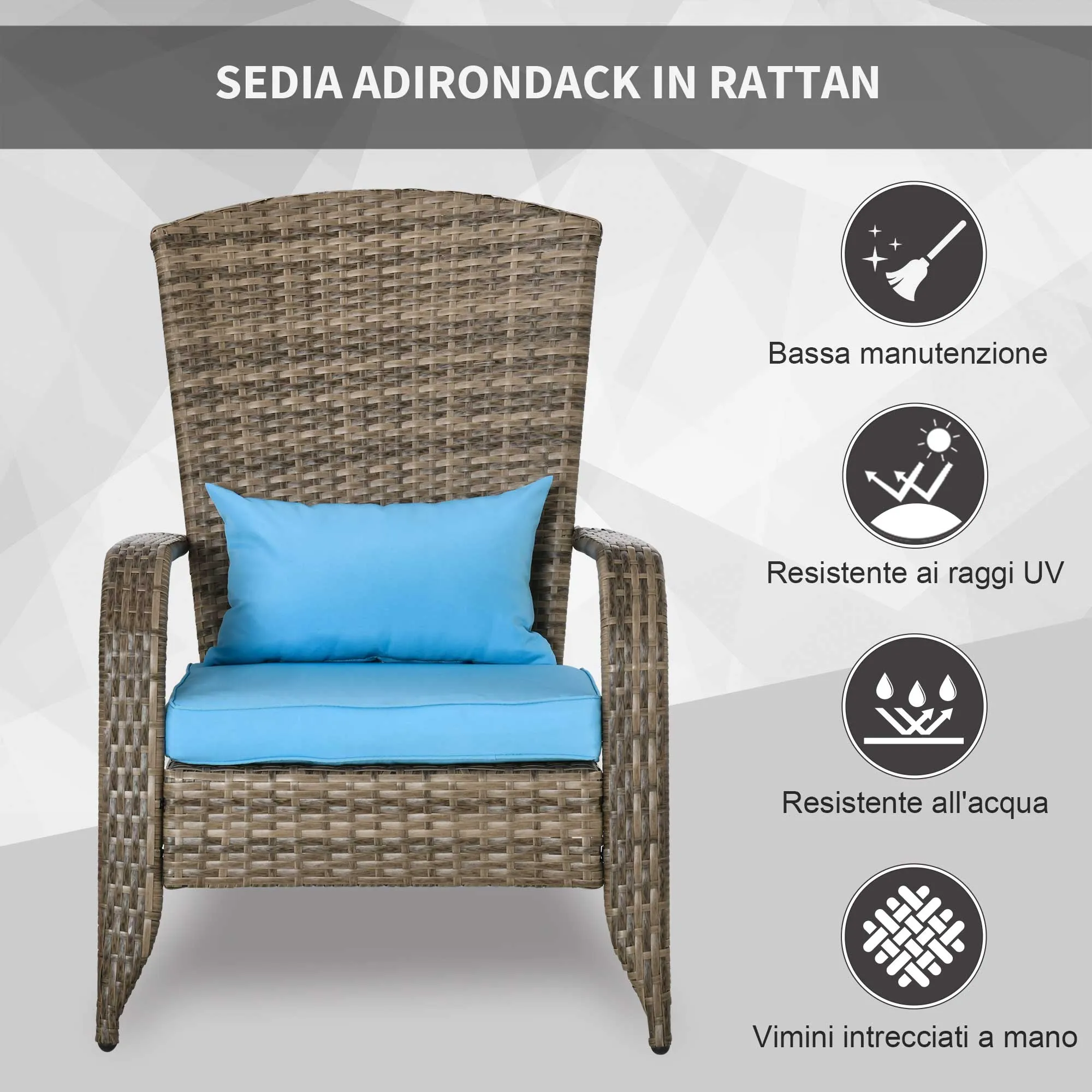 Adironrack Garden Chair with Armrests, Rattan and Steel, 64x80x90 cm, Brown and Blue - Image 3