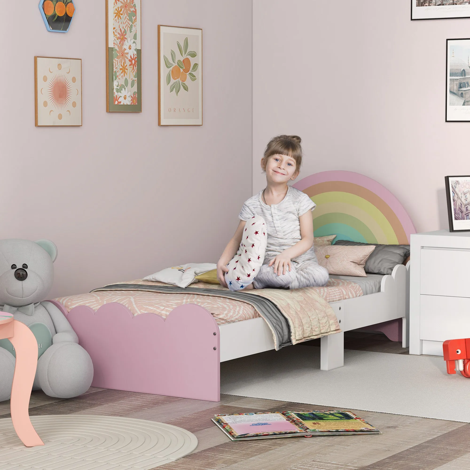 Children's Bed for 3-6 Years with Anti-Fall Side Rails in MDF, 143x74x66 cm, White and Pink - Image 2