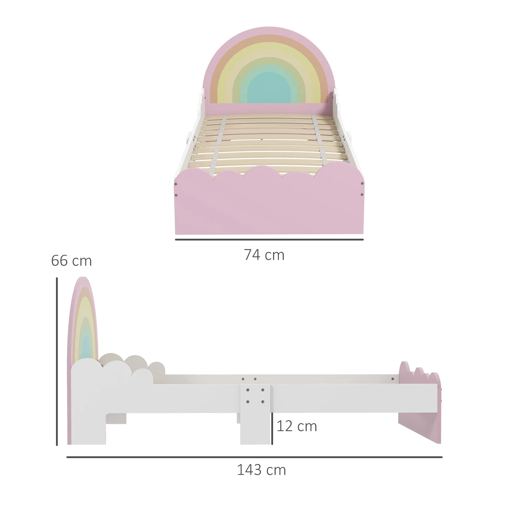 Children's Bed for 3-6 Years with Anti-Fall Side Rails in MDF, 143x74x66 cm, White and Pink - Image 3