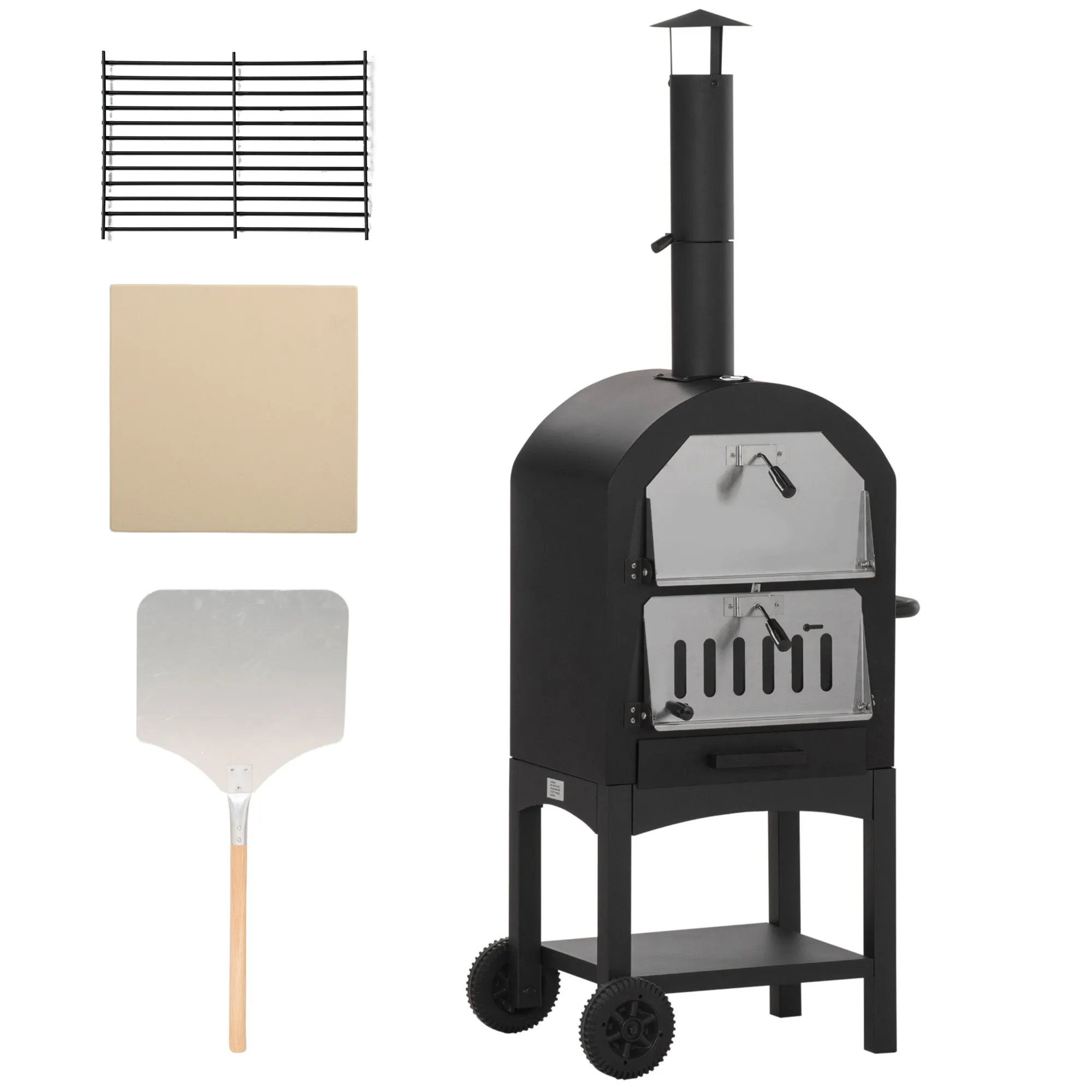 Outdoor Oven for pizza and portable charcoal barbecue in steel with fireplace and wheels, 63x54x161 cm, black