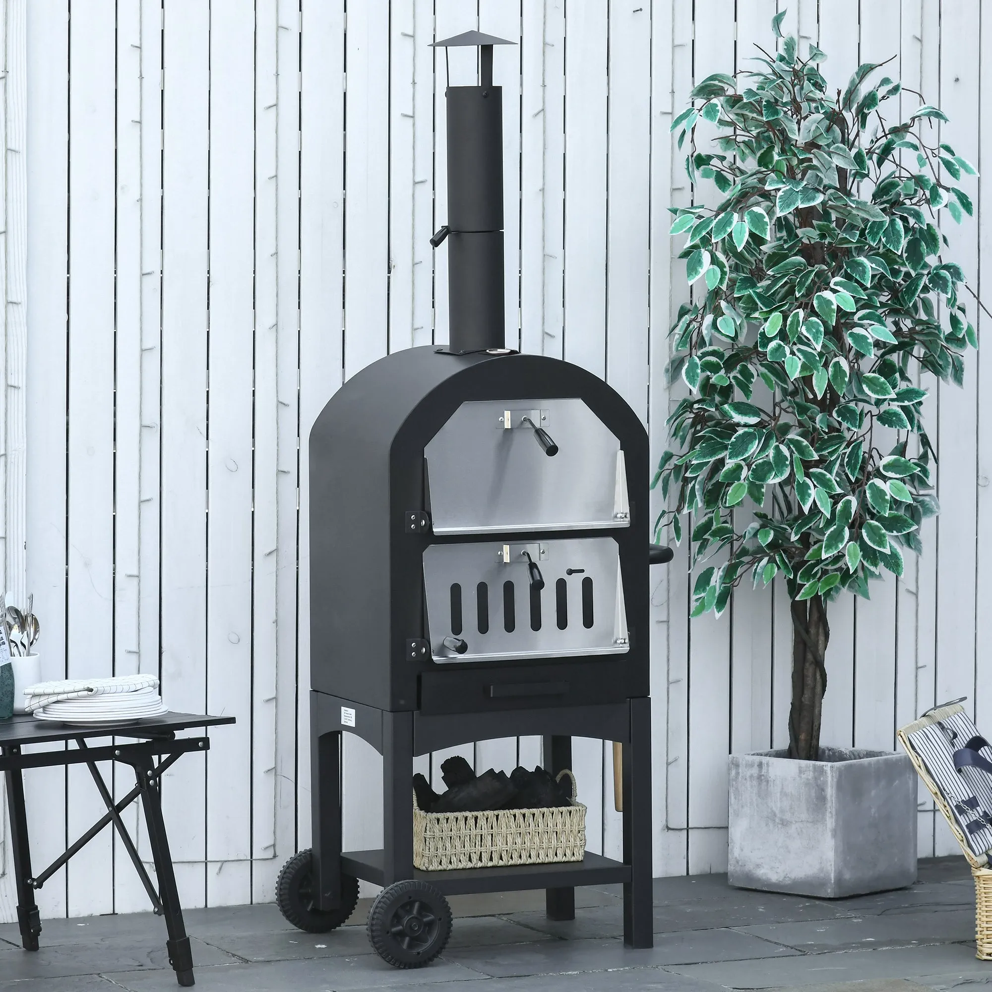 Outdoor Oven for pizza and portable charcoal barbecue in steel with fireplace and wheels, 63x54x161 cm, black - Image 2