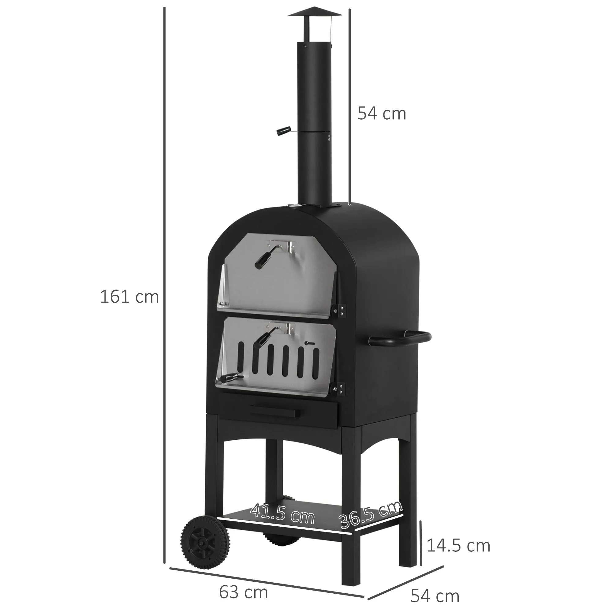 Outdoor Oven for pizza and portable charcoal barbecue in steel with fireplace and wheels, 63x54x161 cm, black - Image 3