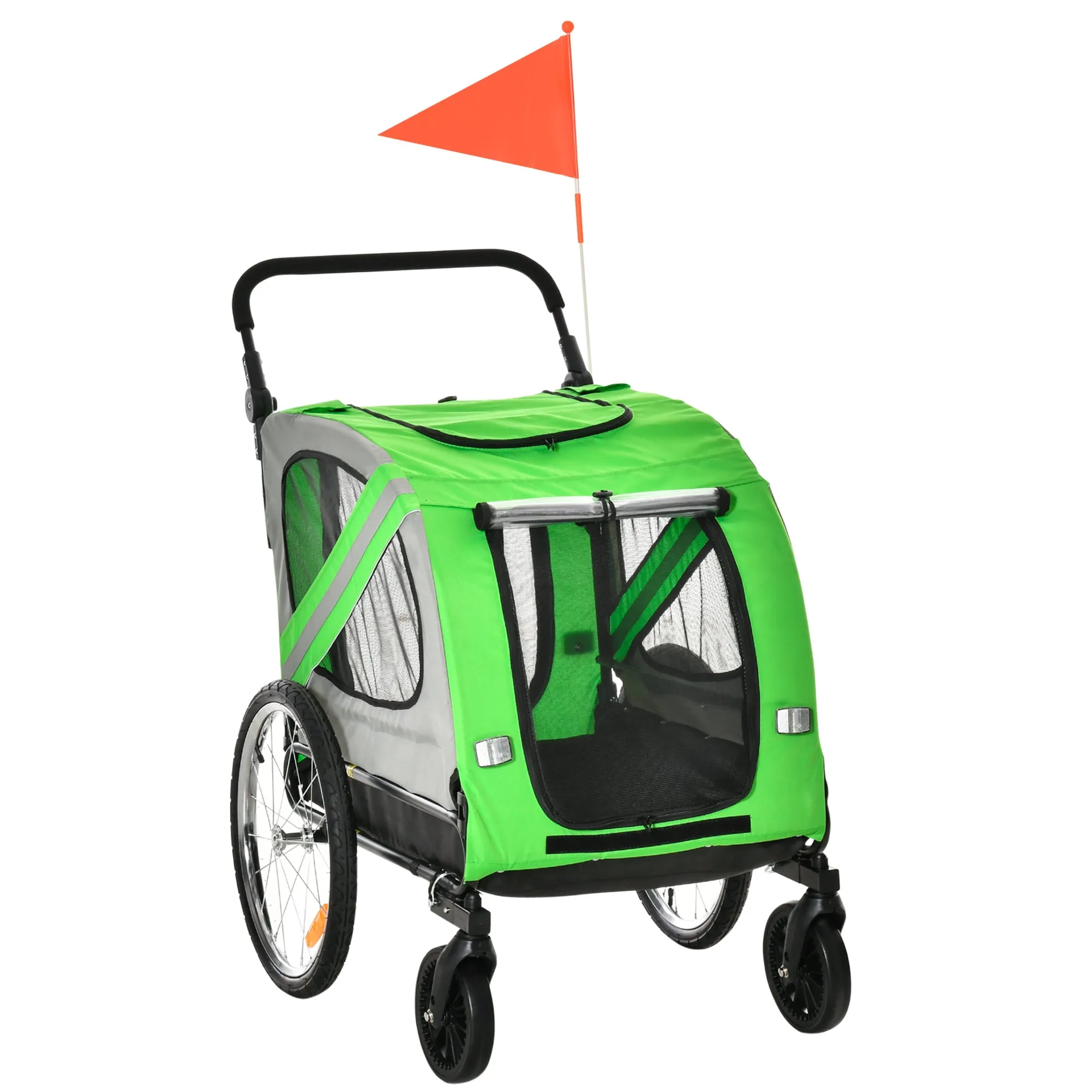 2-in-1 Steel and Oxford Fabric Dog Bike Trailer and Stroller with Reflectors, Green