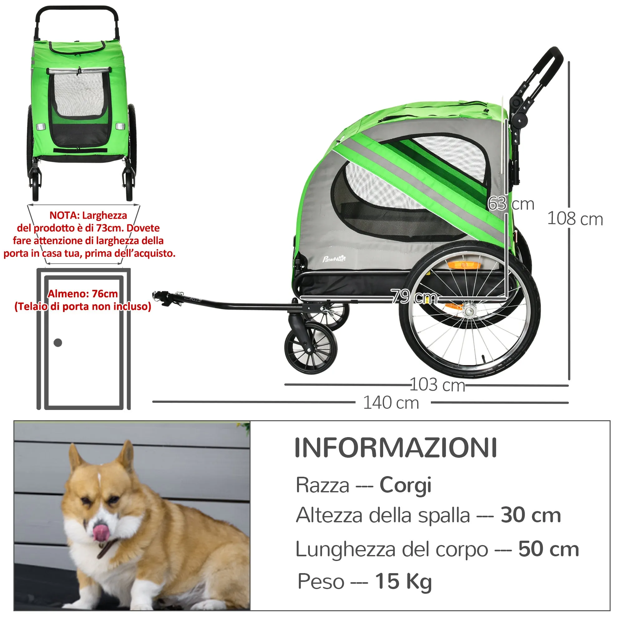 2-in-1 Steel and Oxford Fabric Dog Bike Trailer and Stroller with Reflectors, Green - Image 3