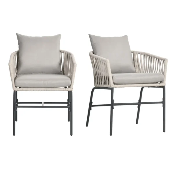 Set of 2 Boho Style Garden Chairs with Rope Upholstery and Padded Cushions, Grey