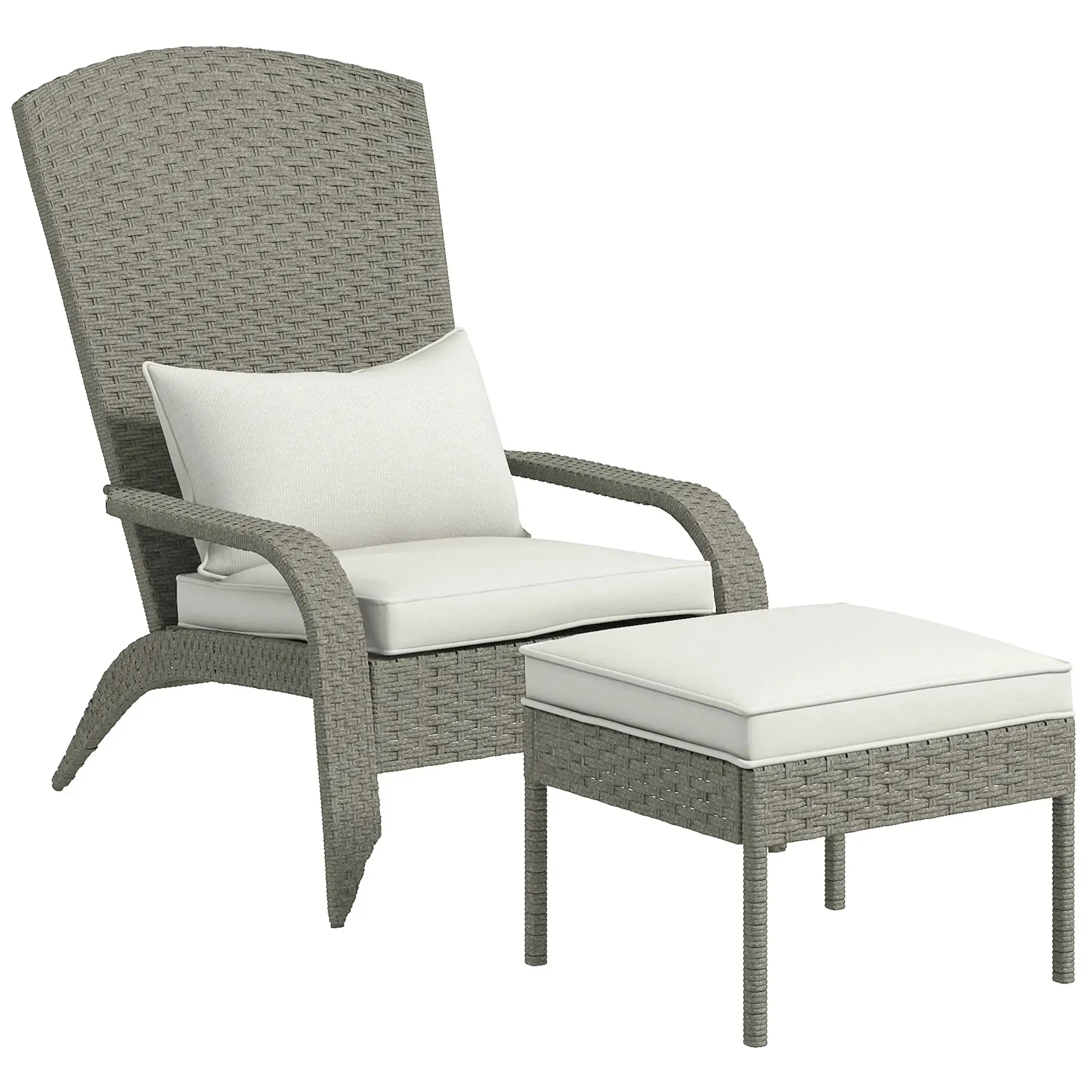 Garden Chair with Footrest and Padded Cushions, in Rattan and Steel, 64x82x89 cm, Grey and Cream