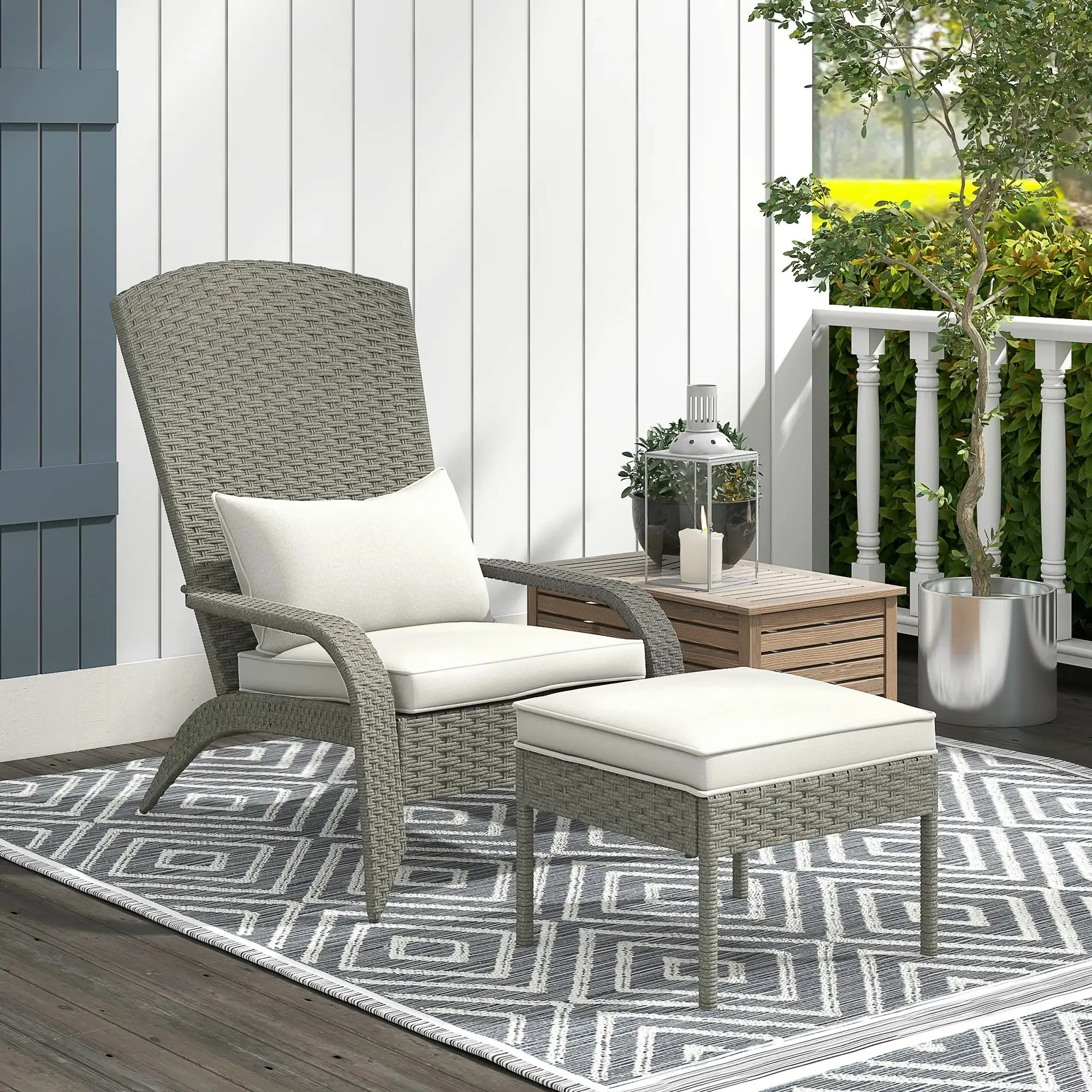 Garden Chair with Footrest and Padded Cushions, in Rattan and Steel, 64x82x89 cm, Grey and Cream - Image 2
