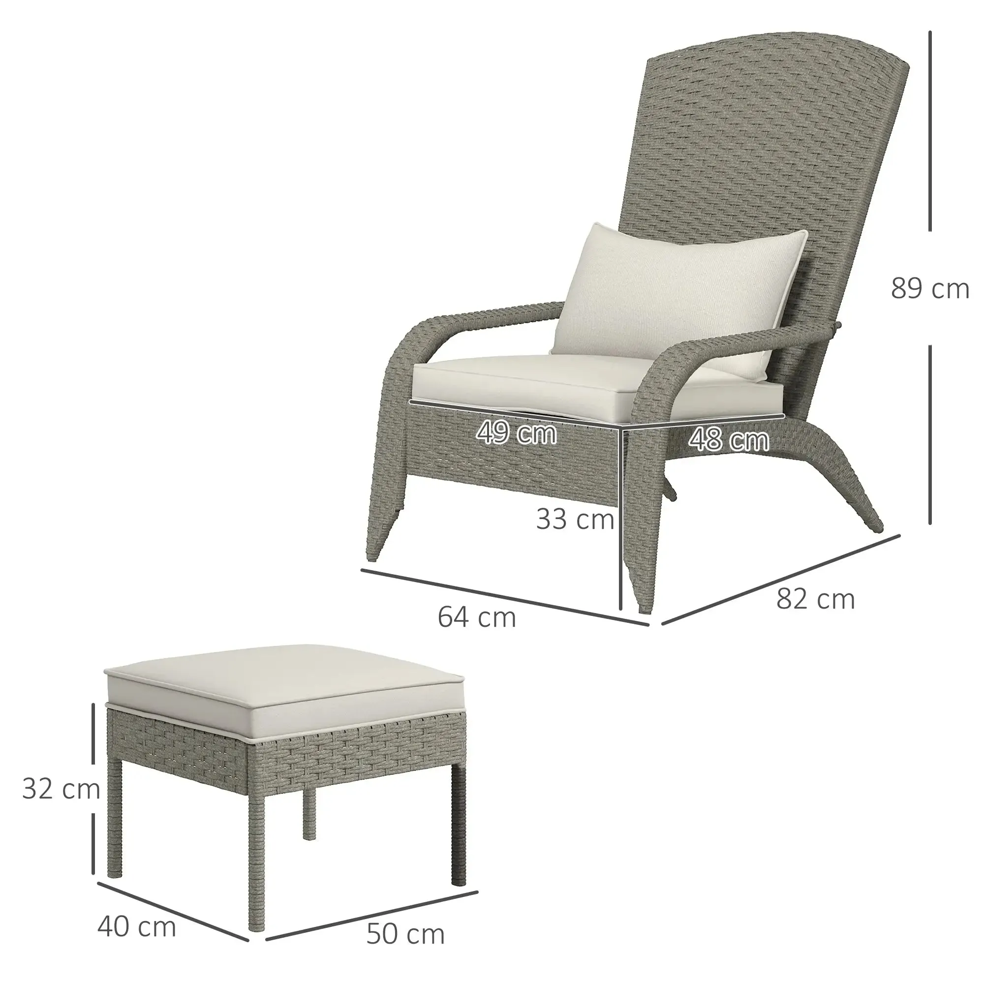 Garden Chair with Footrest and Padded Cushions, in Rattan and Steel, 64x82x89 cm, Grey and Cream - Image 3