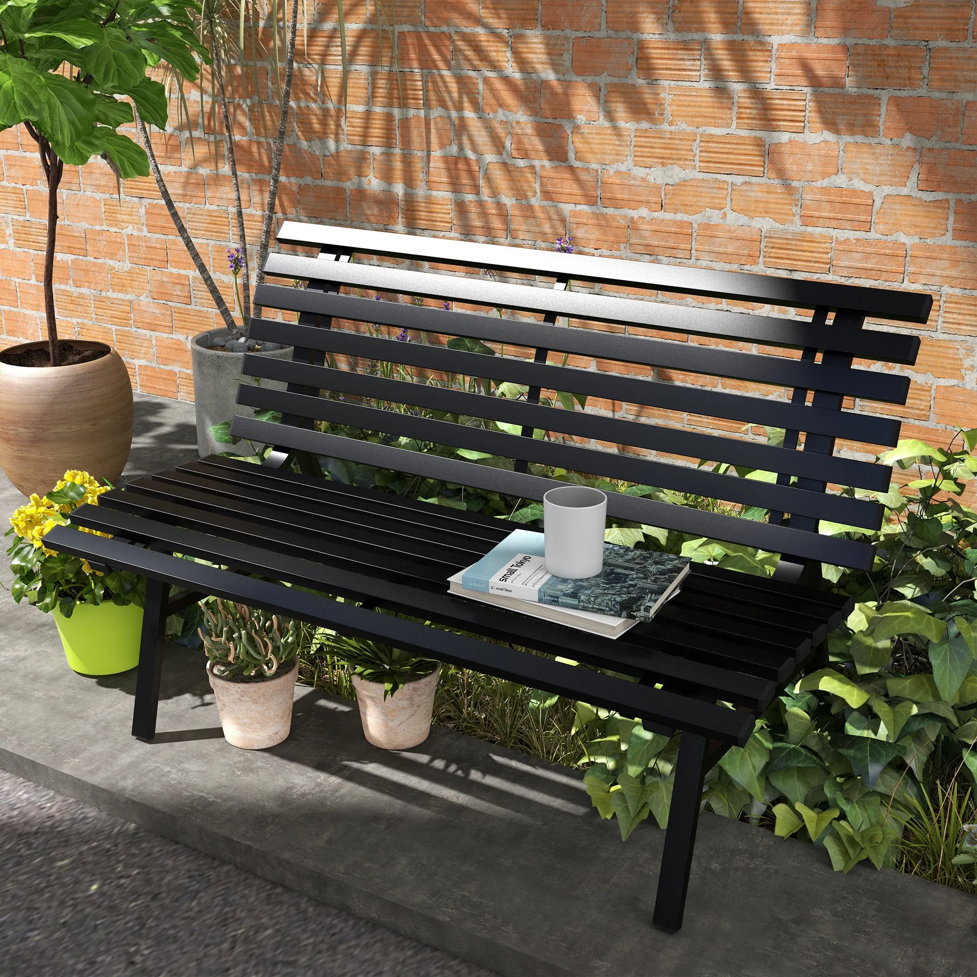2-Seater Aluminum Slatted Outdoor Bench, 123x67x79cm, Black - Image 2