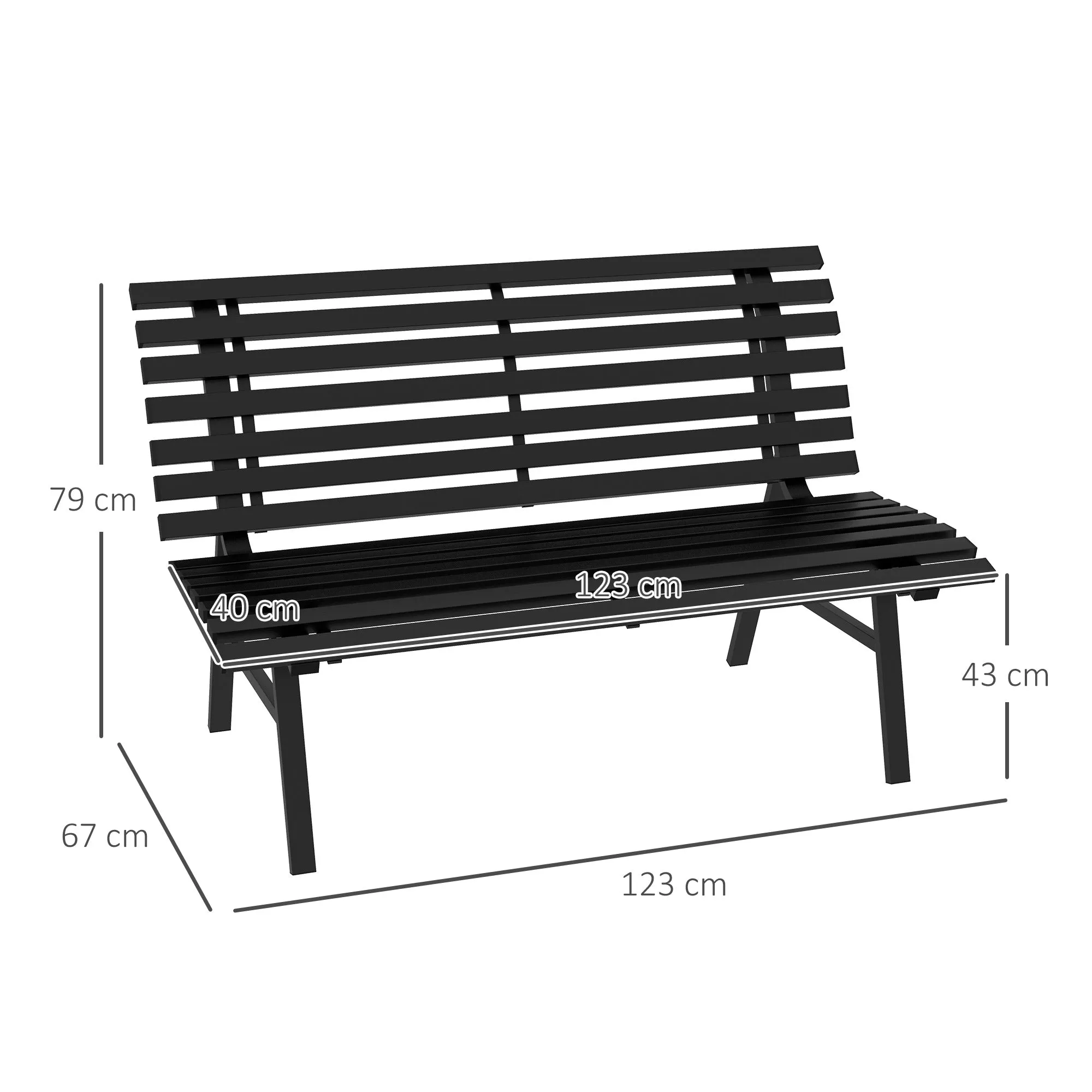 2-Seater Aluminum Slatted Outdoor Bench, 123x67x79cm, Black - Image 3