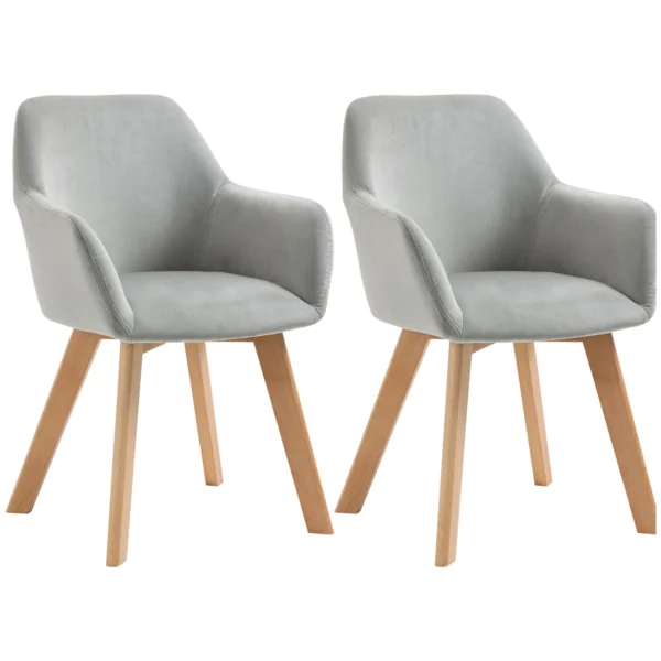 Set of 2 Velvet Upholstered Dining Chairs with Wooden Armrests and Legs, Grey