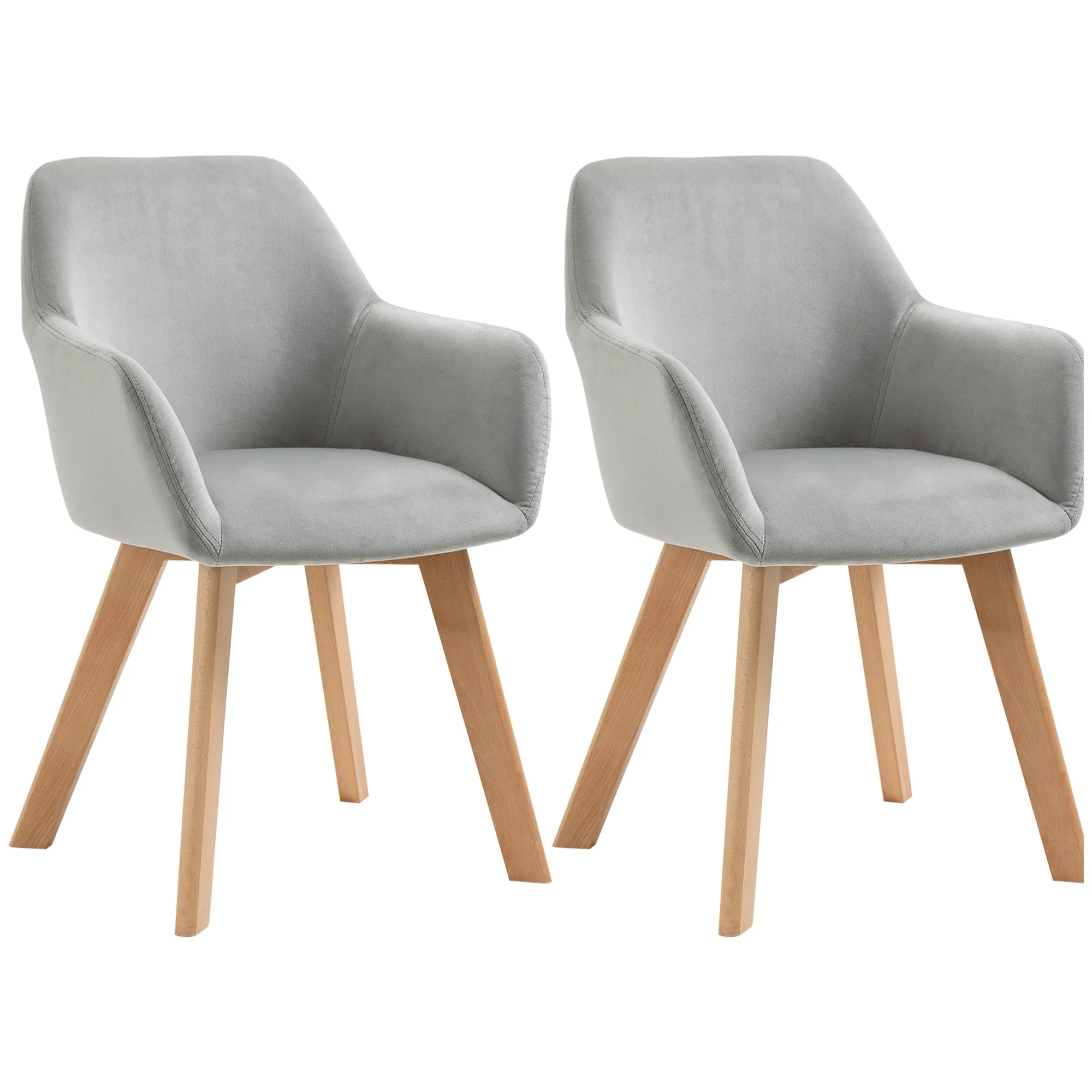 Set of 2 Velvet Upholstered Dining Chairs with Wooden Armrests and Legs, Grey