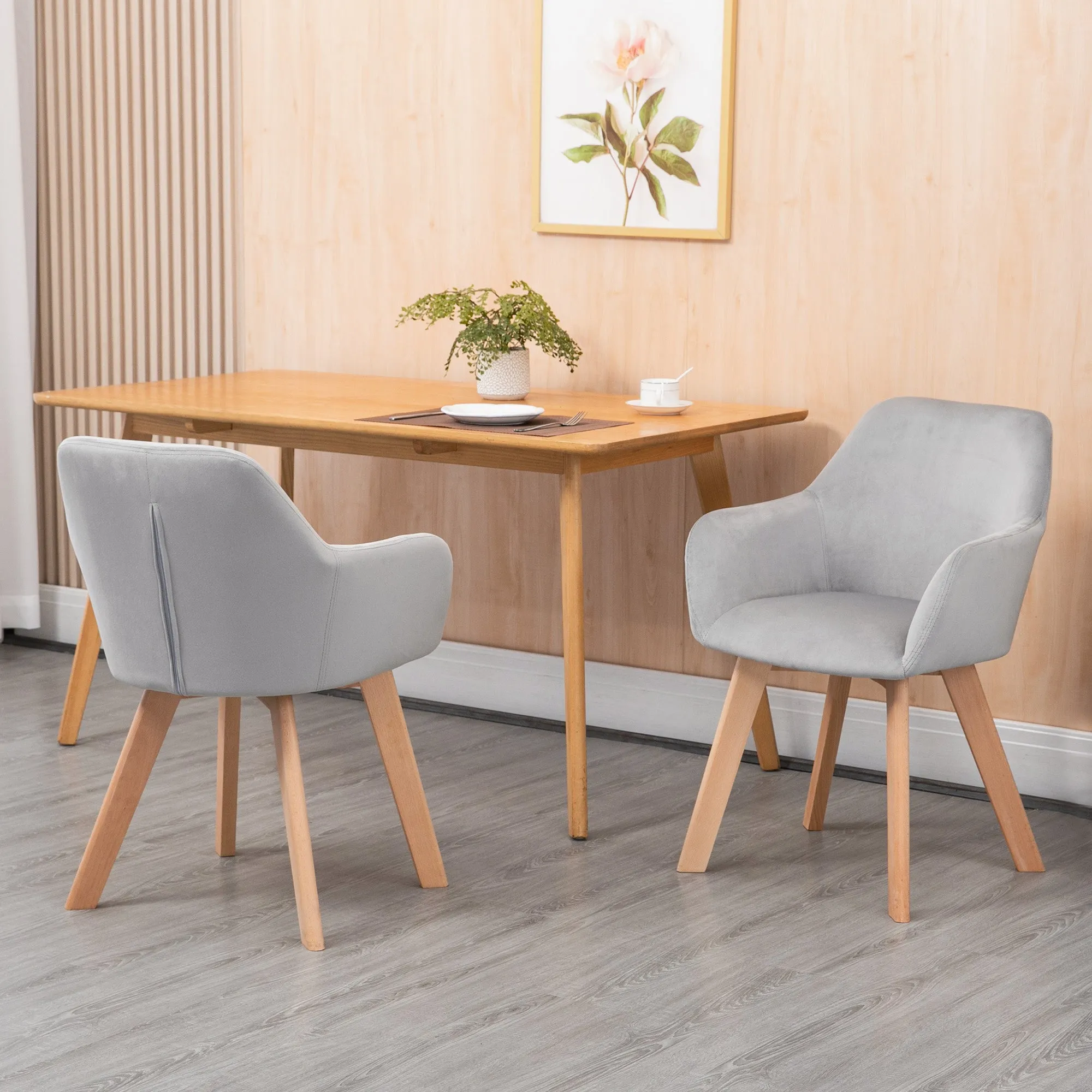 Set of 2 Velvet Upholstered Dining Chairs with Wooden Armrests and Legs, Grey - Image 2