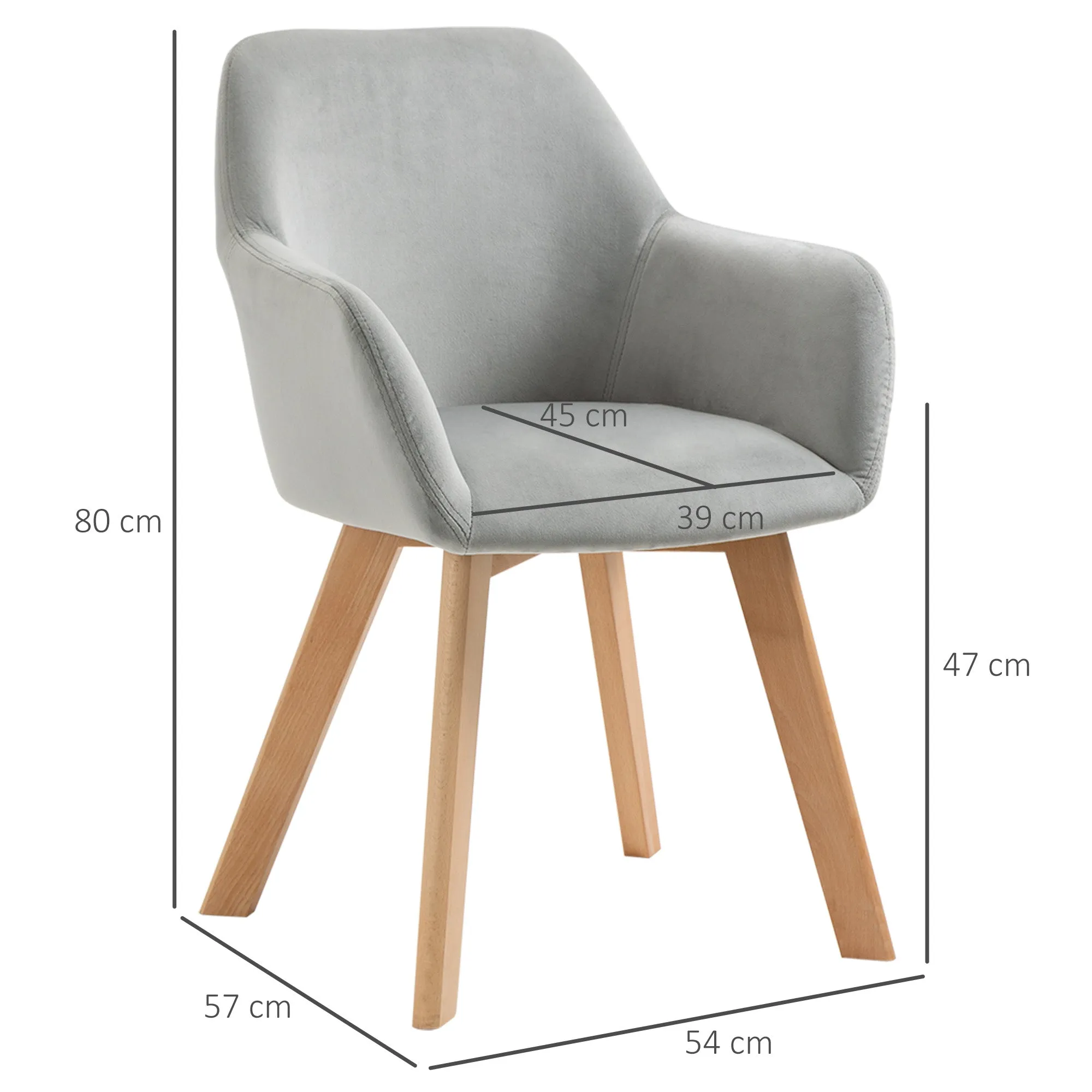 Set of 2 Velvet Upholstered Dining Chairs with Wooden Armrests and Legs, Grey - Image 3