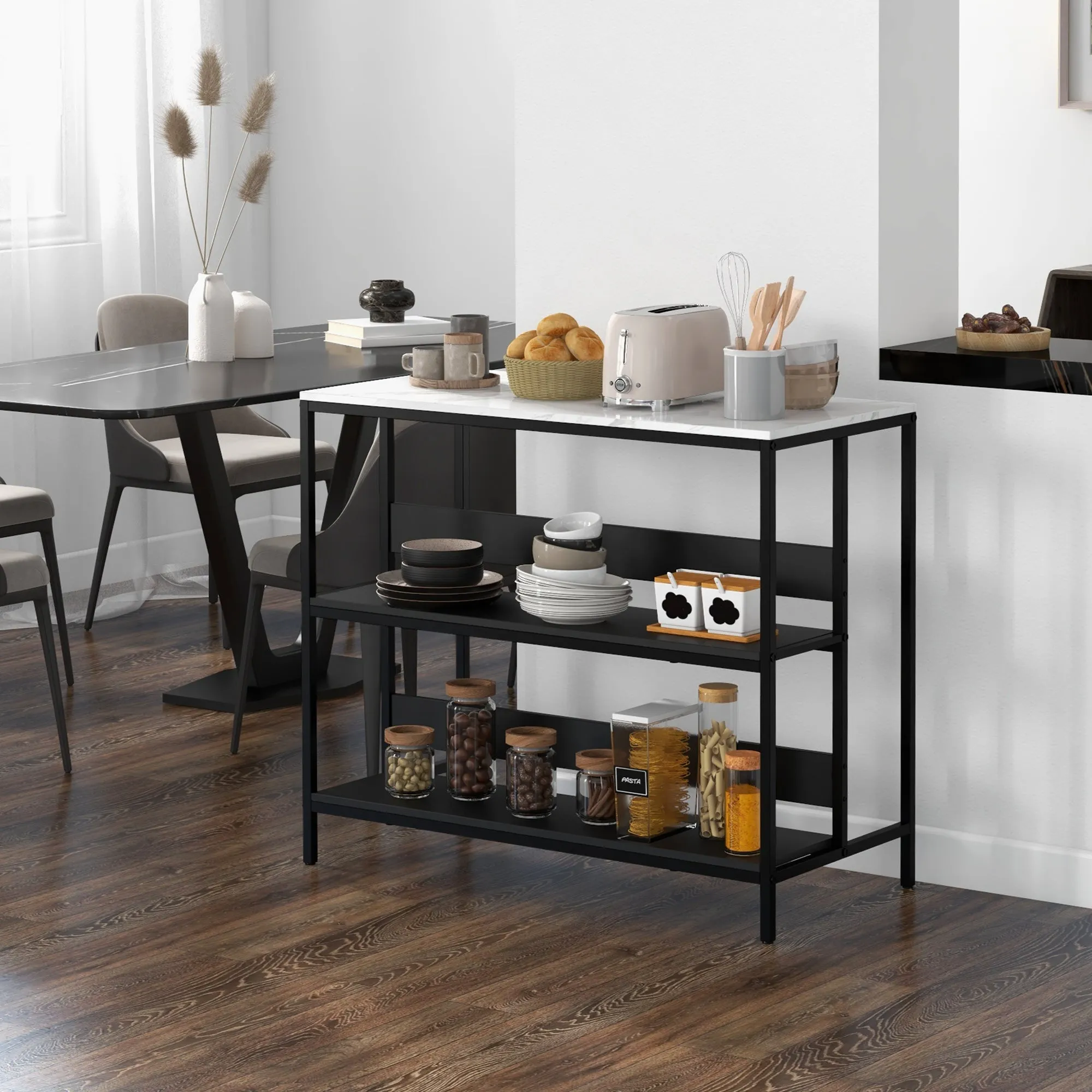 Kitchen Island with Shelves, Marble Effect Top and Metal Frame, 100x50x90cm, Black and White - Image 2