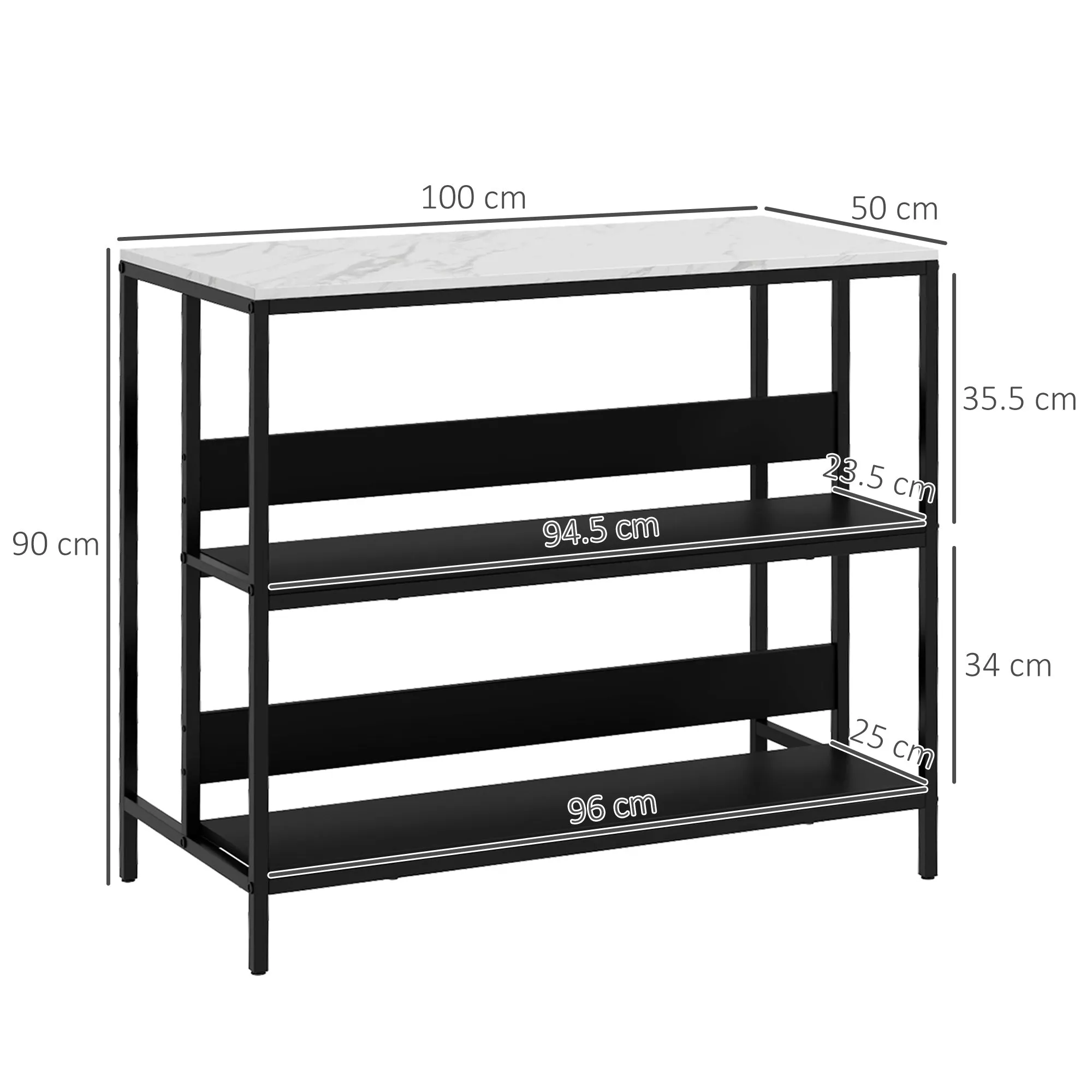 Kitchen Island with Shelves, Marble Effect Top and Metal Frame, 100x50x90cm, Black and White - Image 3