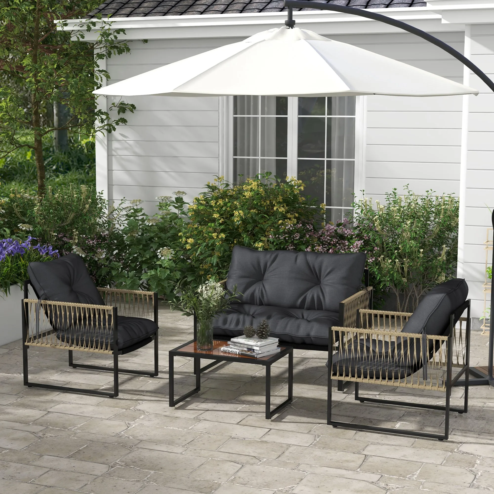 CAMILLA | 4 Piece Rattan Garden Set with Sofa, 2 Chairs and Coffee Table, Grey and Brown - Image 2