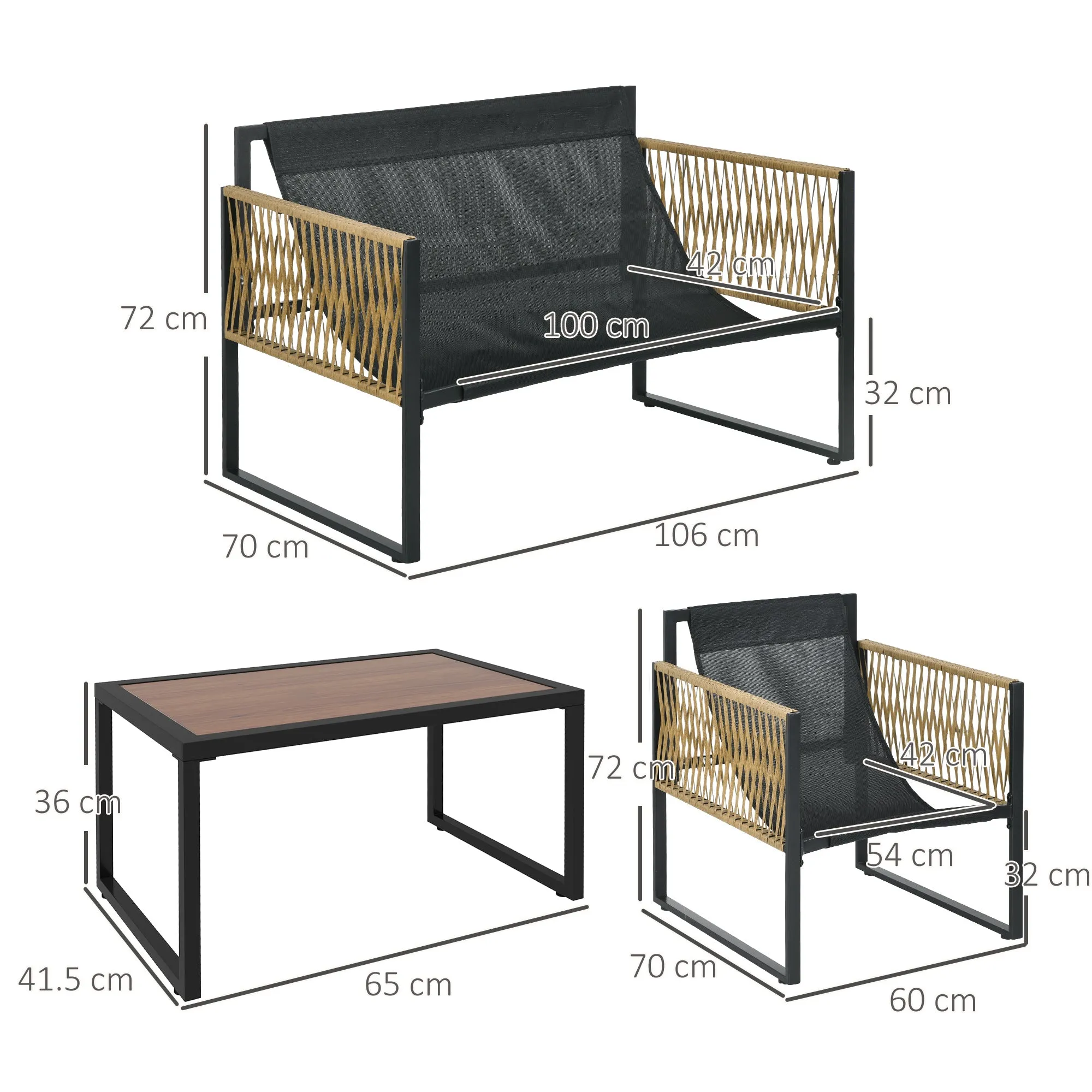 CAMILLA | 4 Piece Rattan Garden Set with Sofa, 2 Chairs and Coffee Table, Grey and Brown - Image 3