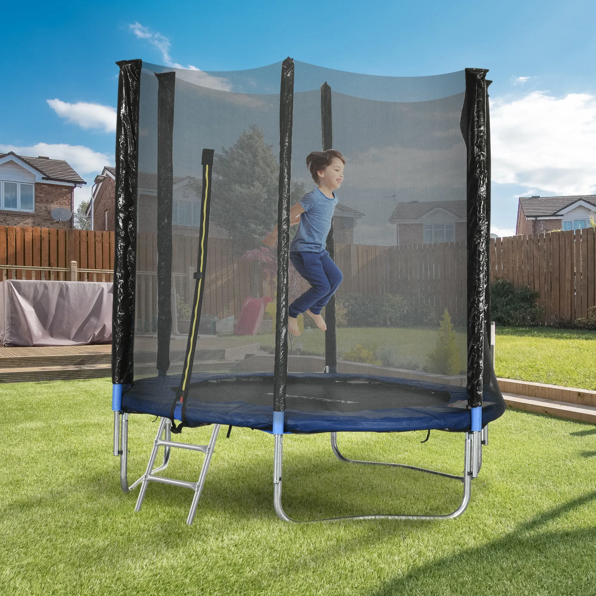 Trampoline with Ladder and Safety Net, in Steel and Plastic, Ø180x200 cm, Blue - Image 2