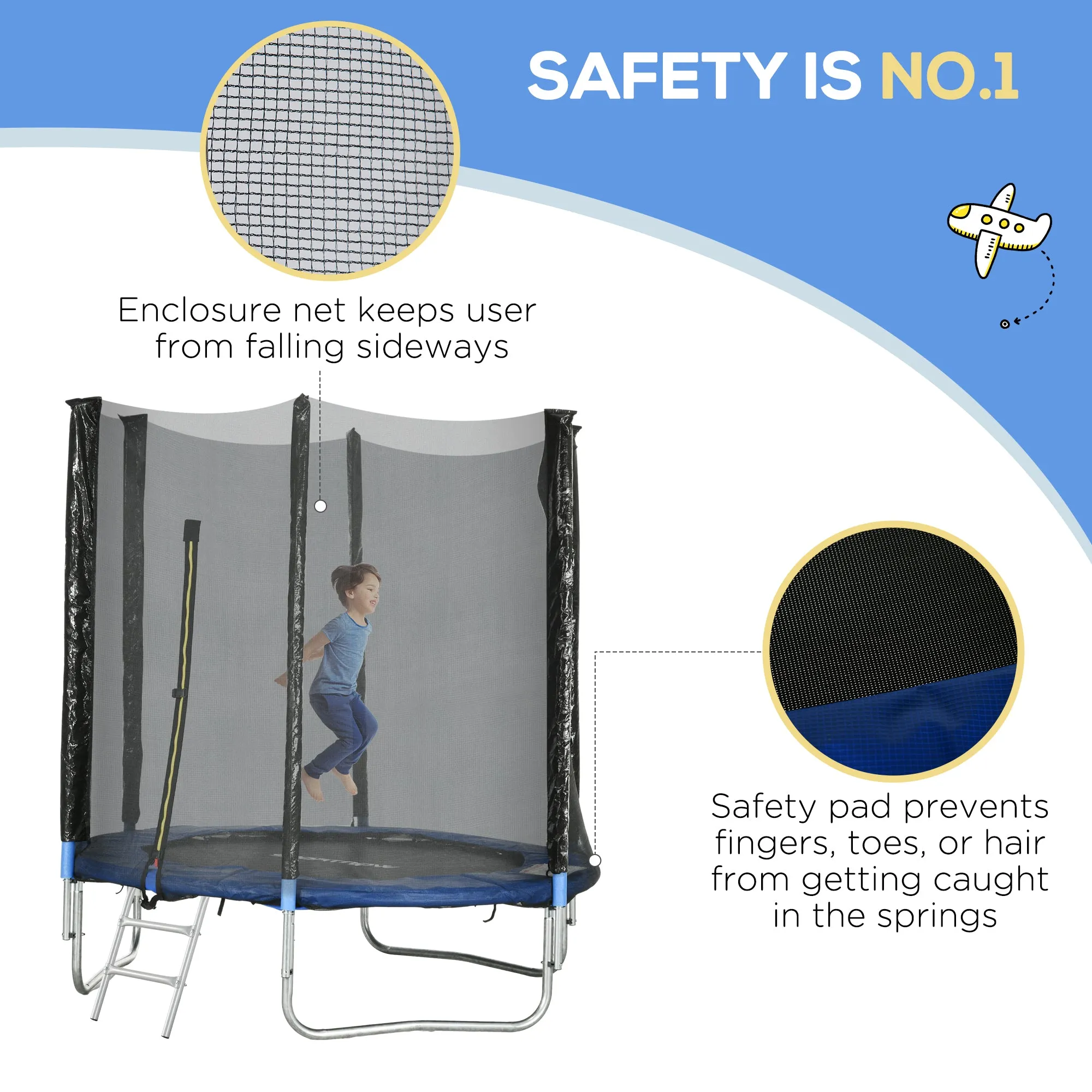 Trampoline with Ladder and Safety Net, in Steel and Plastic, Ø180x200 cm, Blue - Image 3