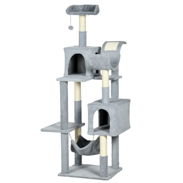 Cat Tree with Hammock, Bed and 2 Houses, Chipboard and Plush, 55x49x177 cm, Grey and White