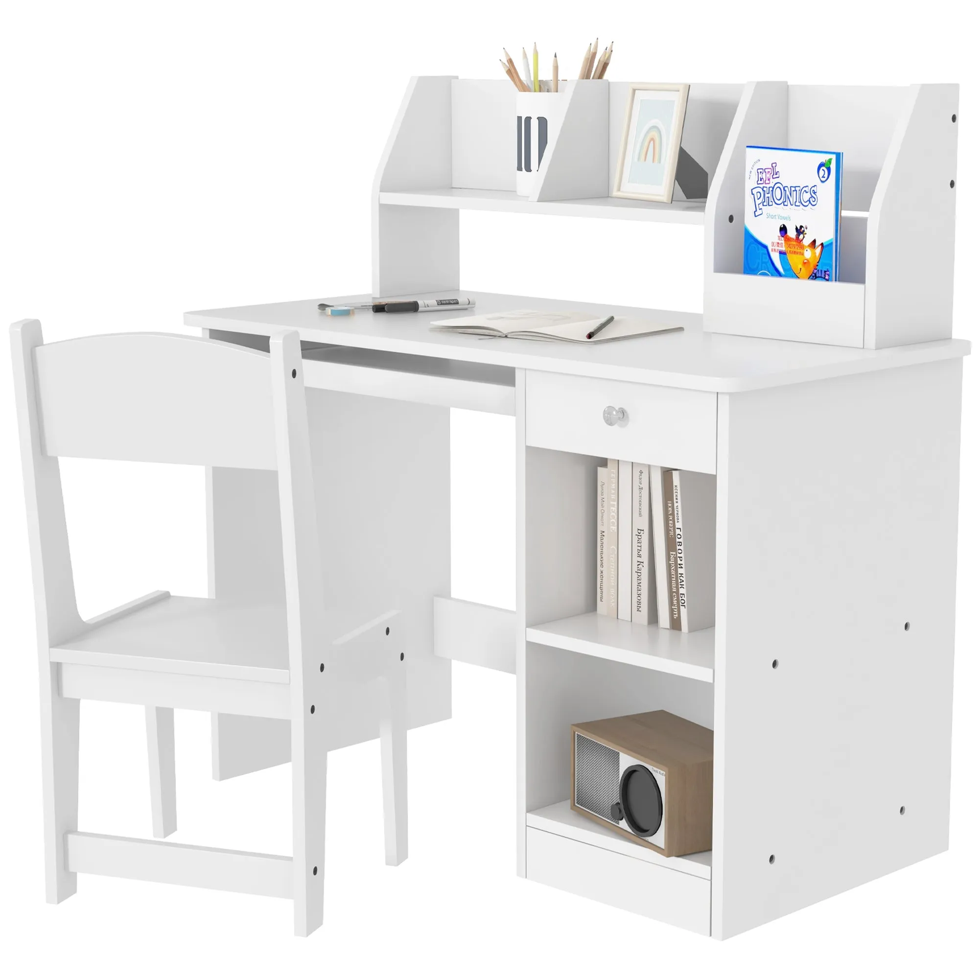 Children's Desk and Chair for 5-8 Years Old with Shelf and Pull-out Shelf in White Wood - Image 2