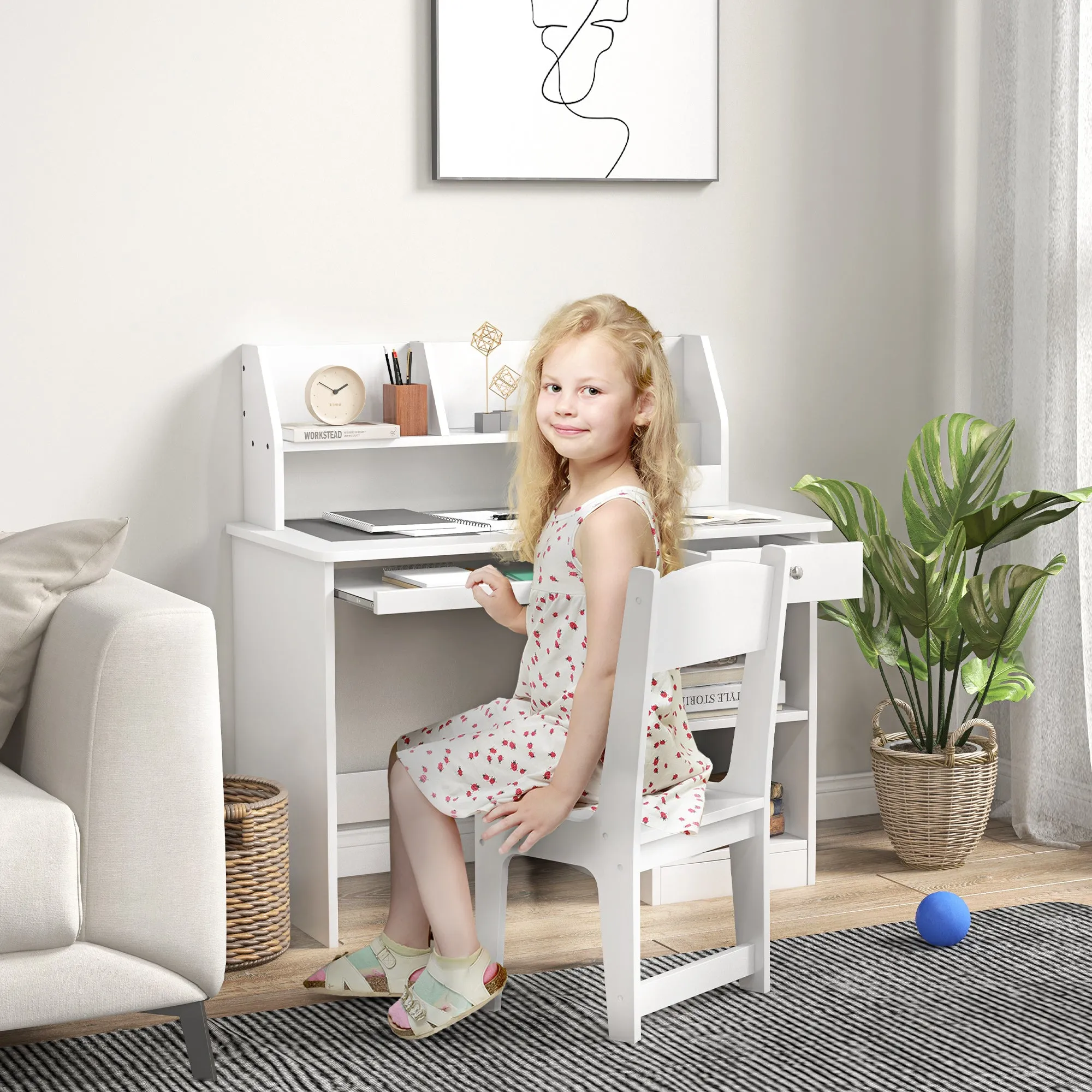 Children's Desk and Chair for 5-8 Years Old with Shelf and Pull-out Shelf in White Wood - Image 3