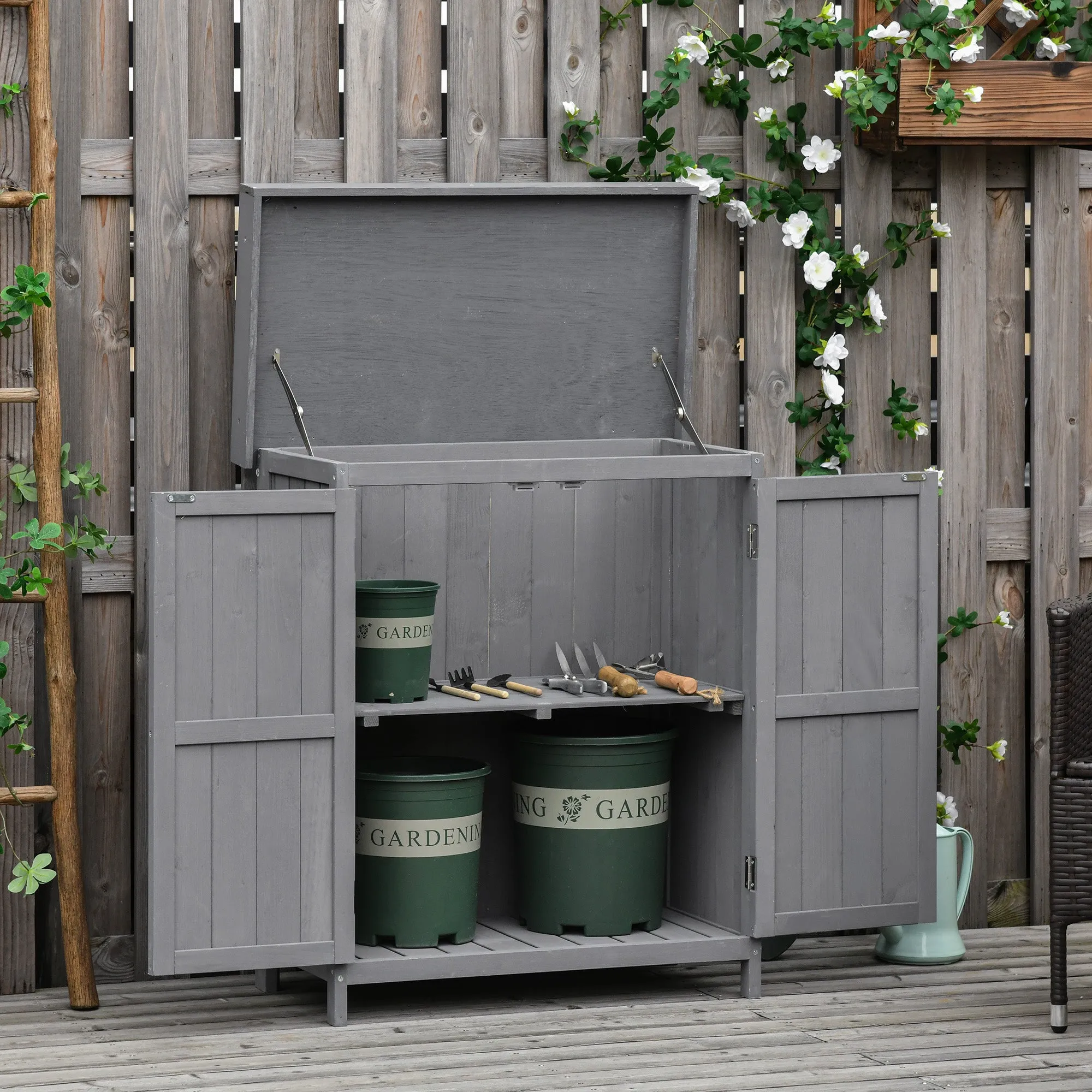 2-Tier Fir Wood Garden Cabinet with Opening Roof, 74x43x88 cm, Dark Grey - Image 2