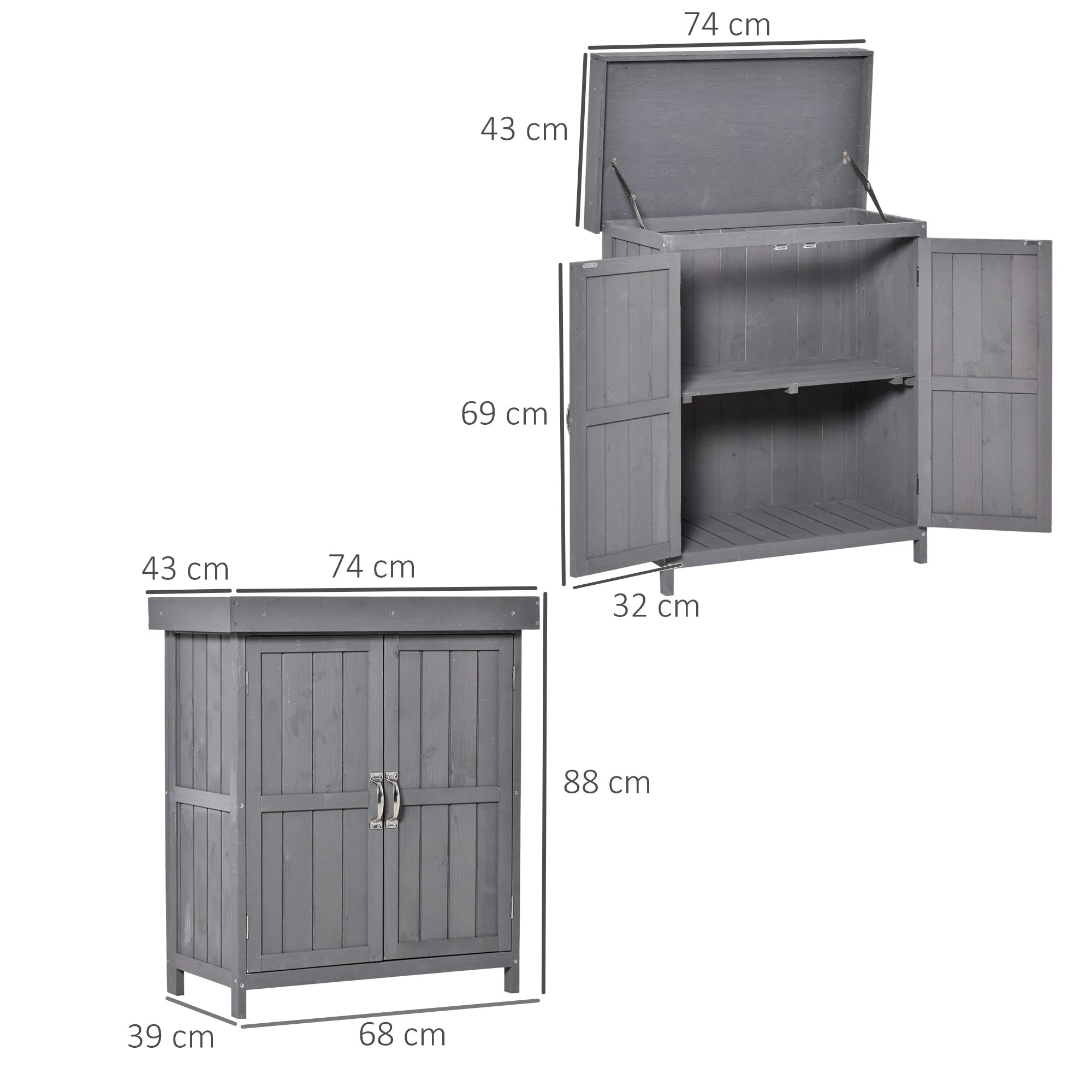 2-Tier Fir Wood Garden Cabinet with Opening Roof, 74x43x88 cm, Dark Grey - Image 3