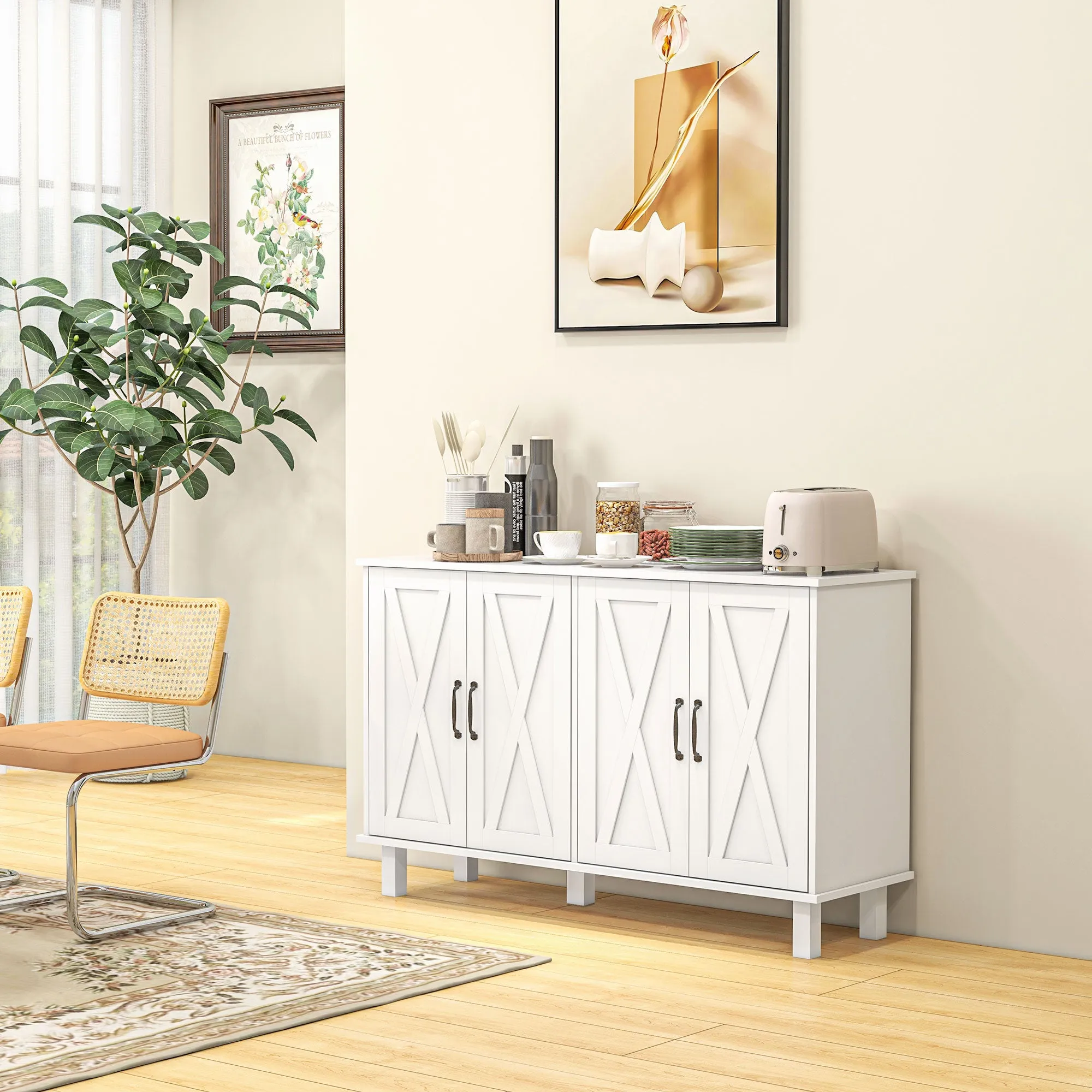 4-Tier MDF Multipurpose Cabinet with 2 Adjustable Shelves and 5 Legs, 120x37x75 cm, White - Image 2