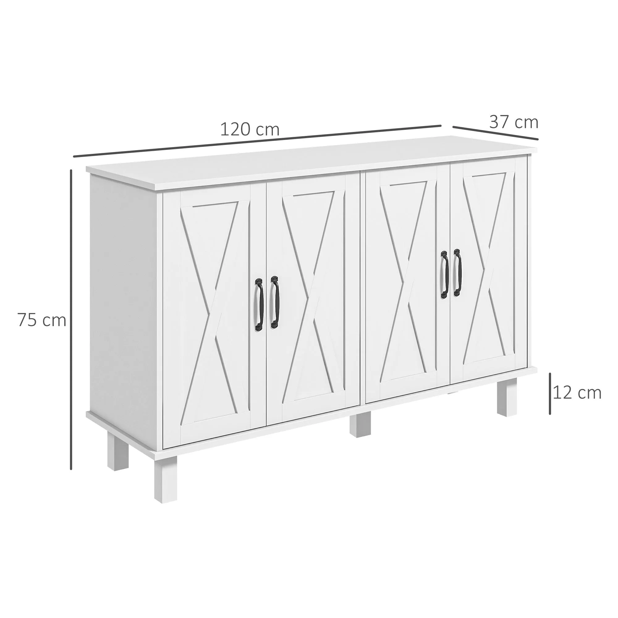 4-Tier MDF Multipurpose Cabinet with 2 Adjustable Shelves and 5 Legs, 120x37x75 cm, White - Image 3