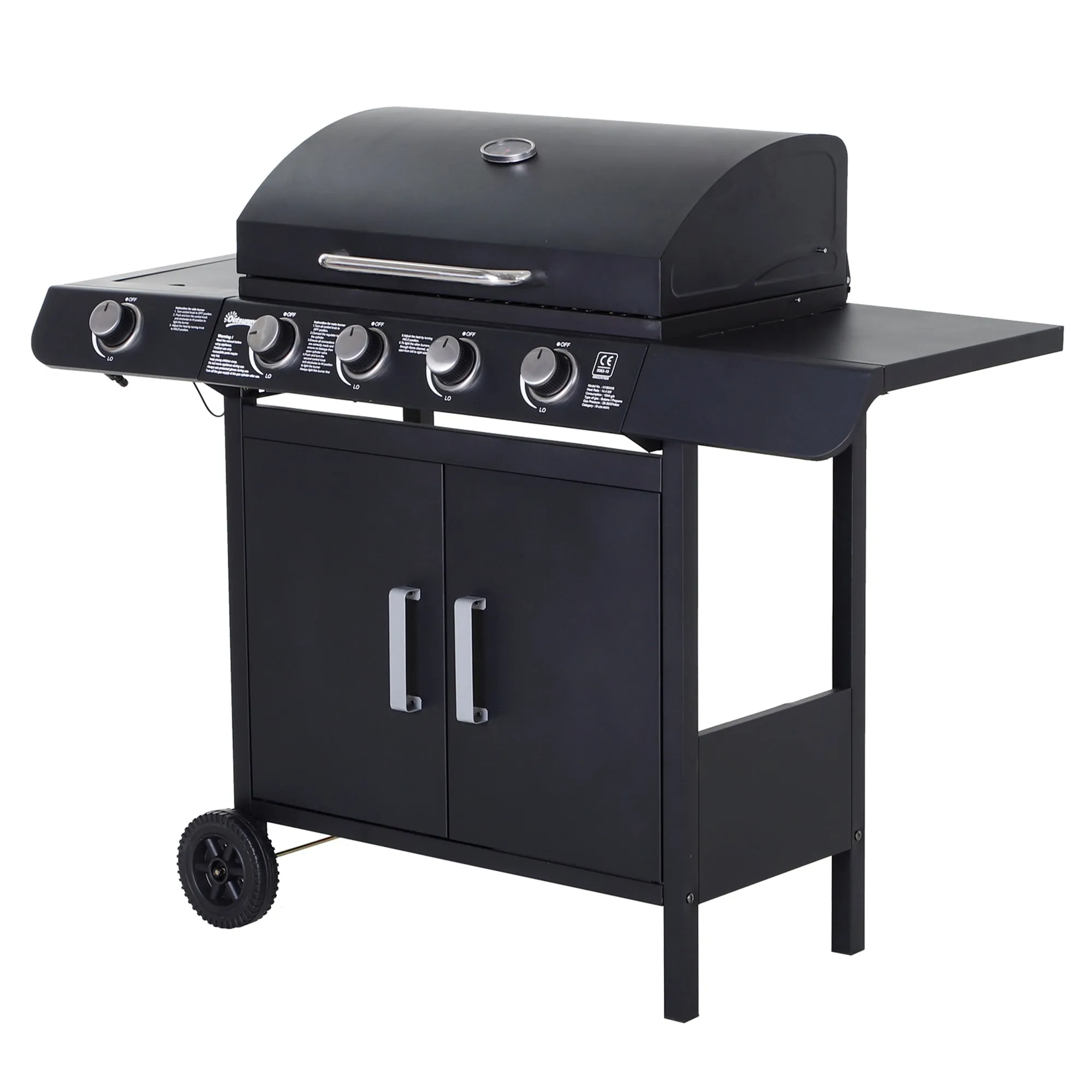 5-Burner Gas Barbecue with Side Shelves and Cabinet, Steel and PP, 125x51x100 cm, Black
