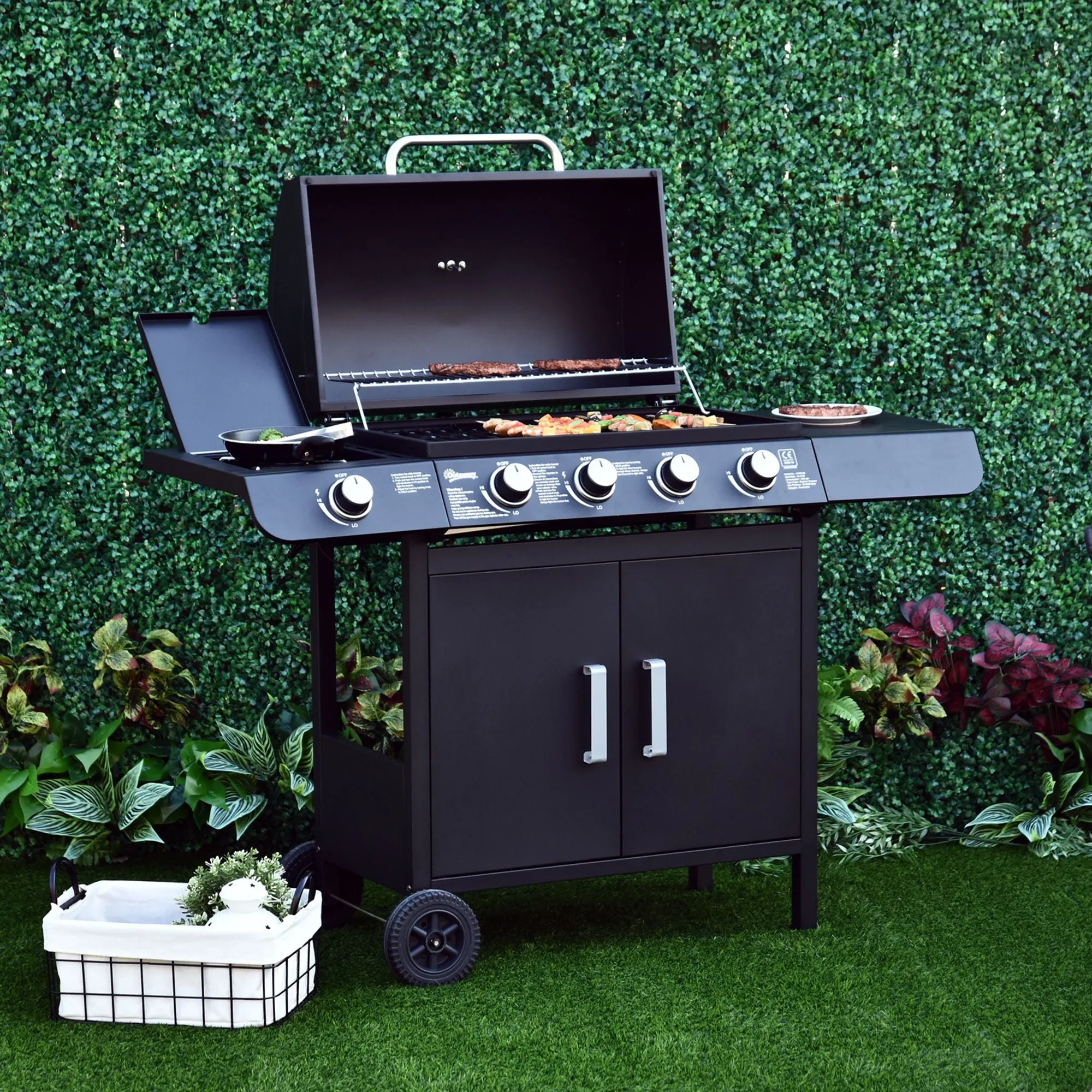 5-Burner Gas Barbecue with Side Shelves and Cabinet, Steel and PP, 125x51x100 cm, Black - Image 2