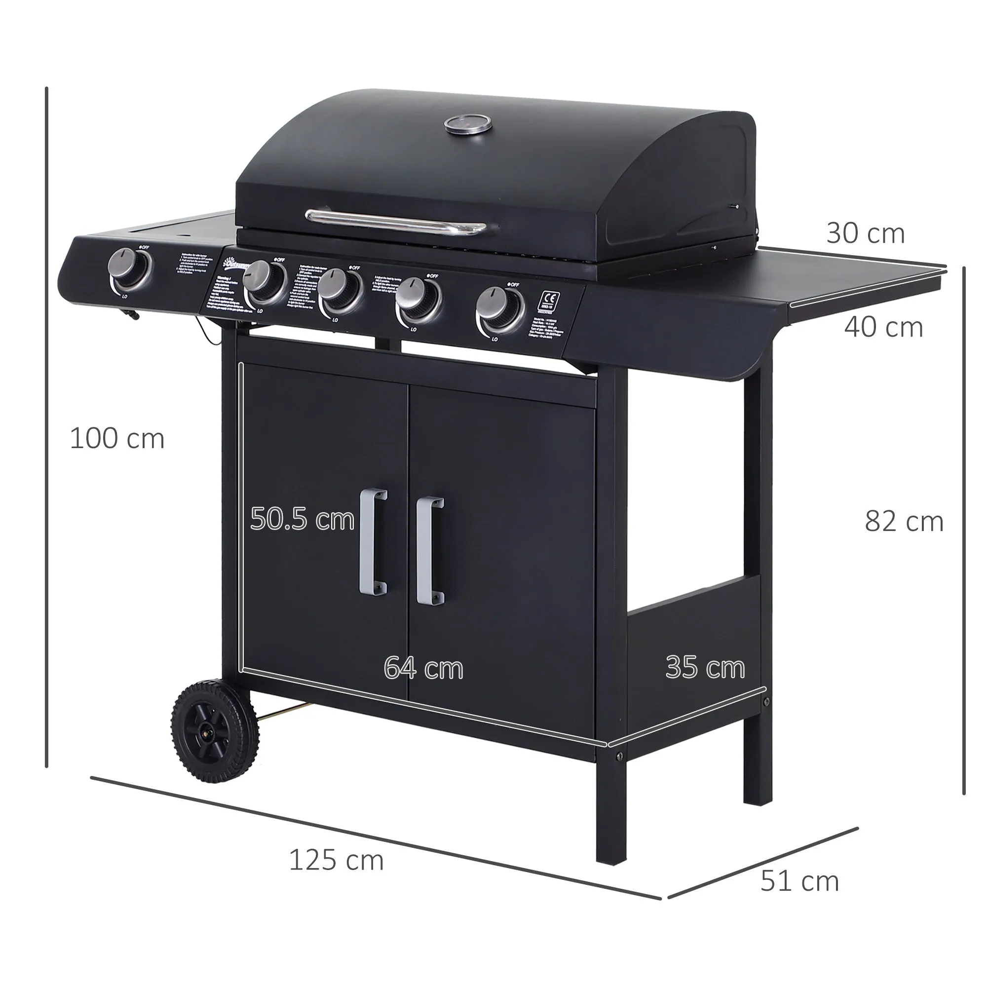 5-Burner Gas Barbecue with Side Shelves and Cabinet, Steel and PP, 125x51x100 cm, Black - Image 3