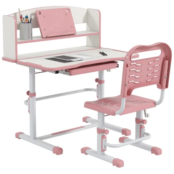 Children's Desk Set with Height-Adjustable Chair and Tiltable Top, Ages 6-12, Pink