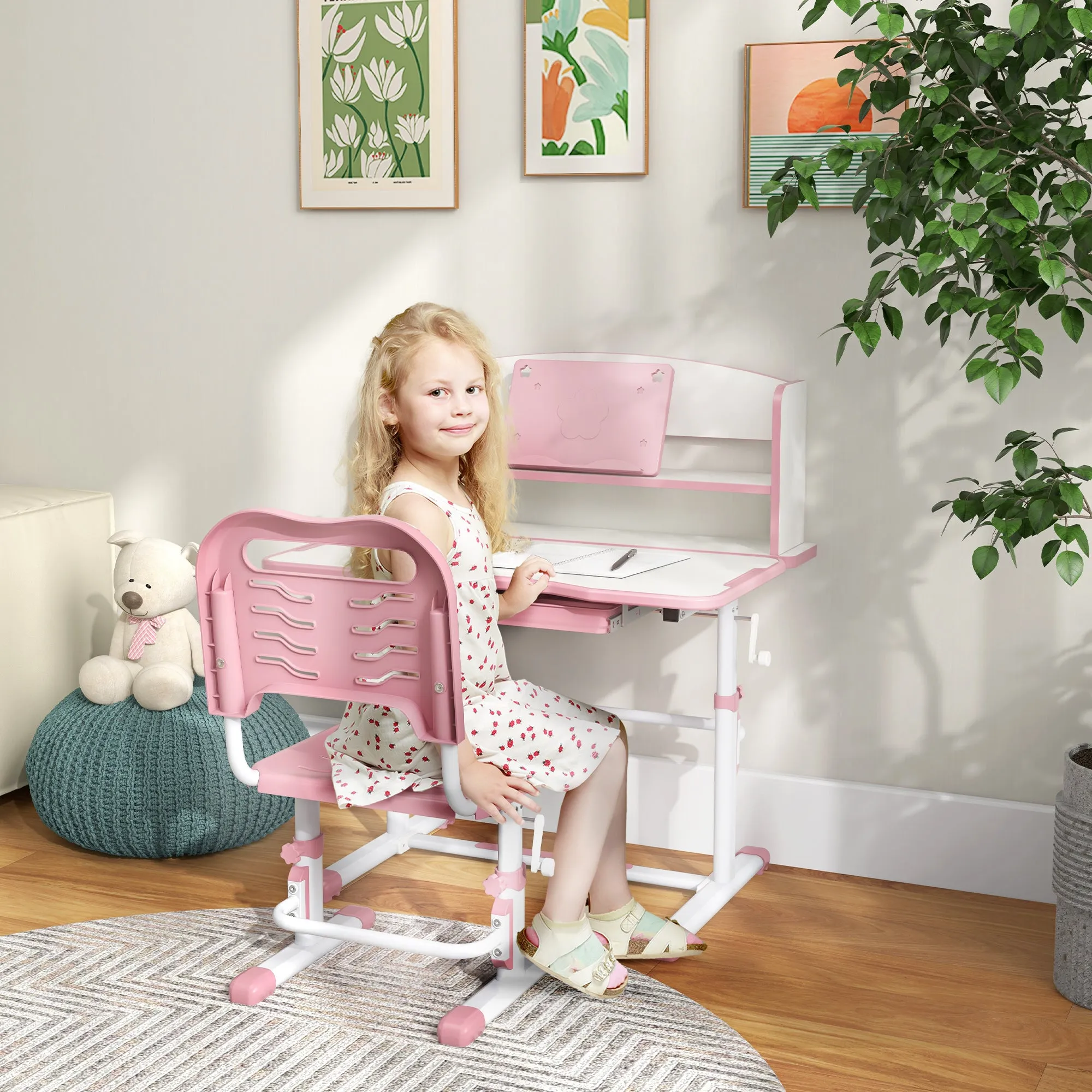 Children's Desk Set with Height-Adjustable Chair and Tiltable Top, Ages 6-12, Pink - Image 2