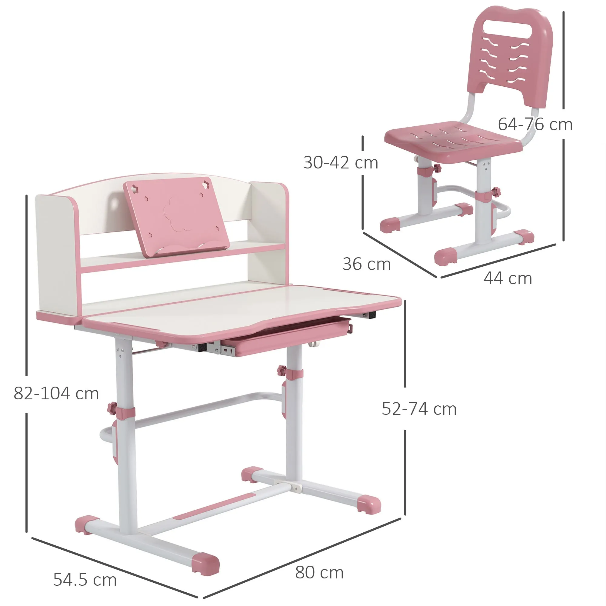 Children's Desk Set with Height-Adjustable Chair and Tiltable Top, Ages 6-12, Pink - Image 3