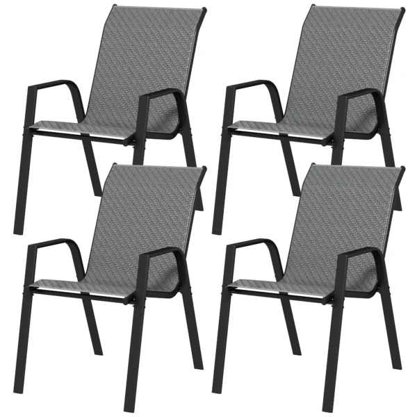 Set of 4 Stackable Garden Chairs with Armrests in PE Rattan and Steel, Grey