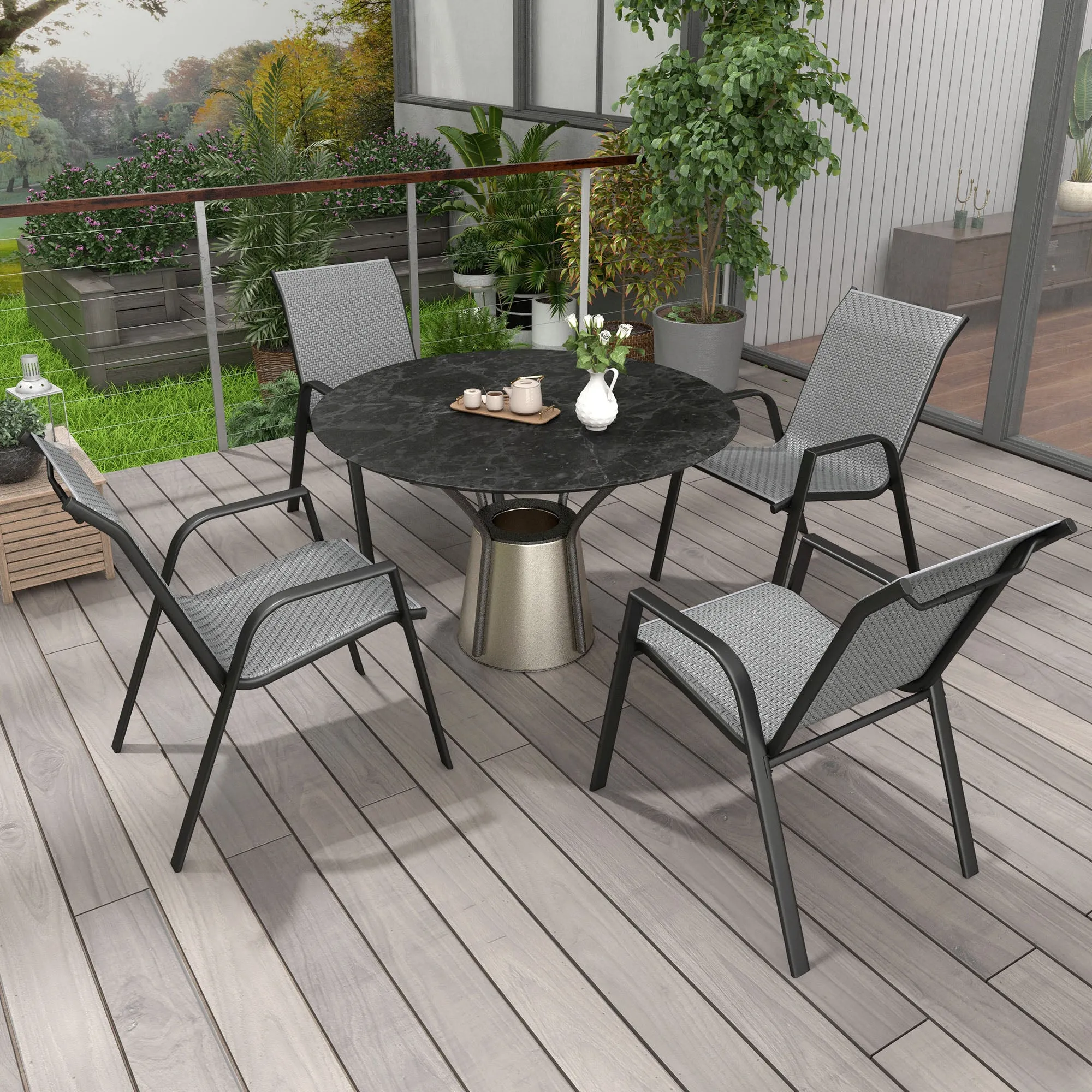 Set of 4 Stackable Garden Chairs with Armrests in PE Rattan and Steel, Grey - Image 2