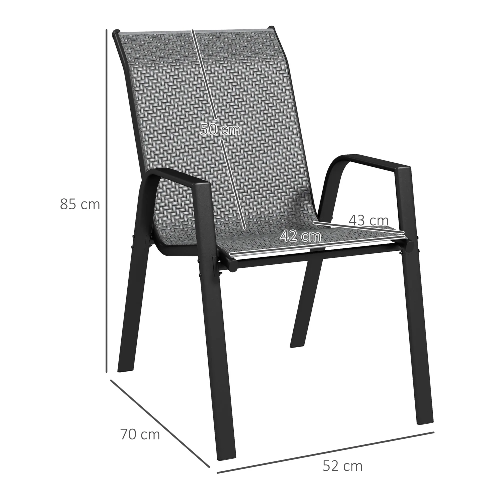 Set of 4 Stackable Garden Chairs with Armrests in PE Rattan and Steel, Grey - Image 3