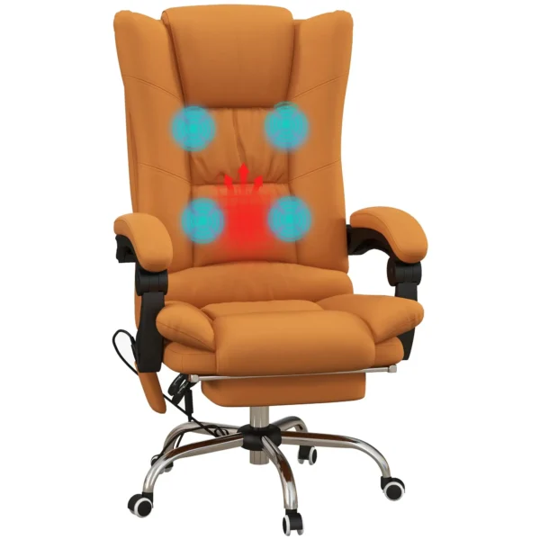 Heated Massage Office Chair, Reclining with Footrest, Light Brown Faux Leather