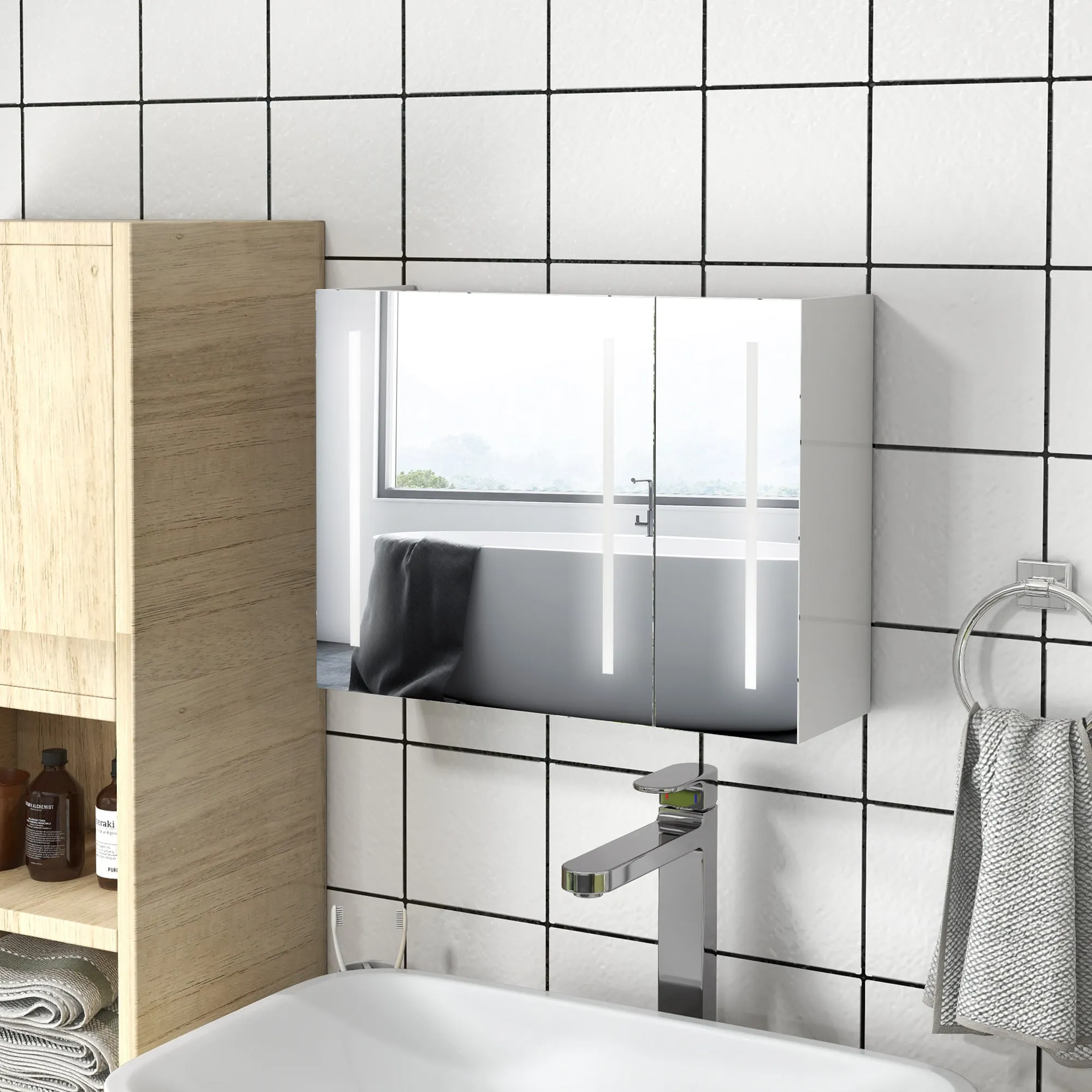 Mirror Cabinet with Adjustable Shelves and 3-Color LED Lights, MDF and Glass, 90x15x70 cm, White - Image 2