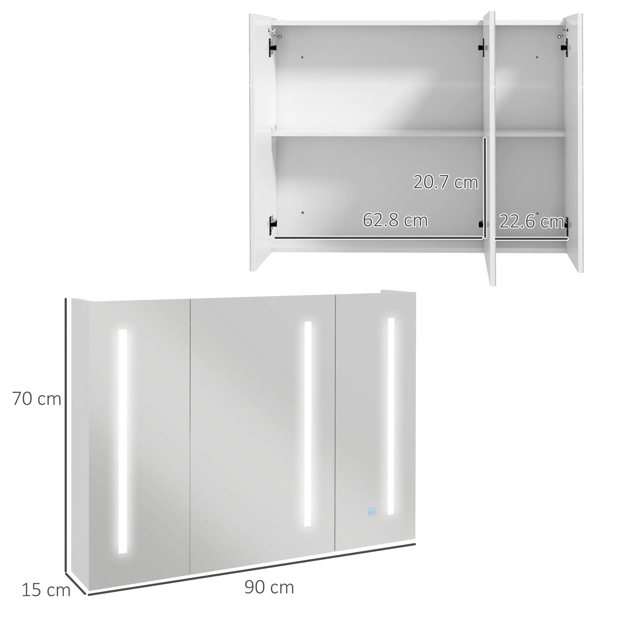 Mirror Cabinet with Adjustable Shelves and 3-Color LED Lights, MDF and Glass, 90x15x70 cm, White - Image 3