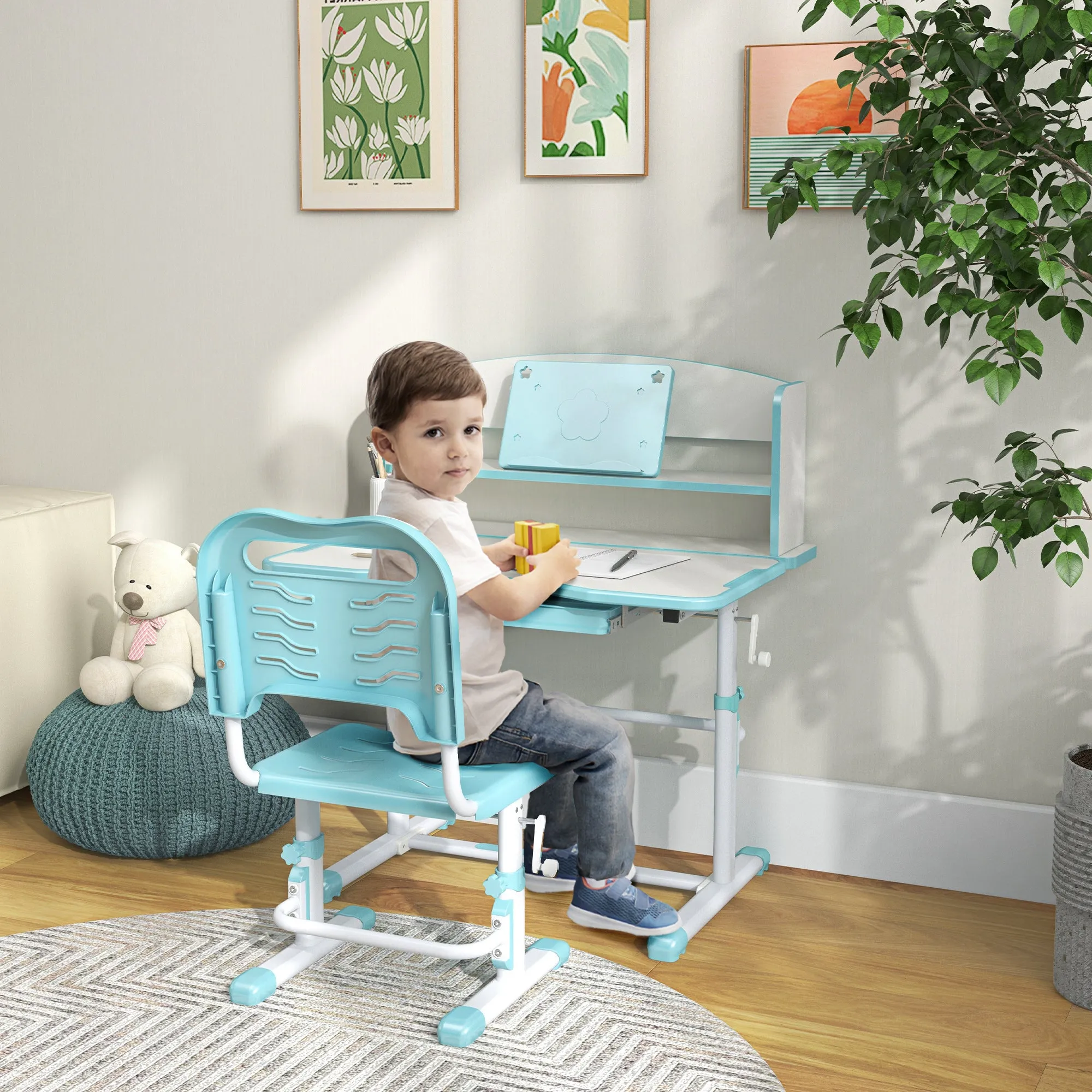 Children's Desk Set with Height-Adjustable Chair and Tiltable Top, Ages 6-12, Blue - Image 2
