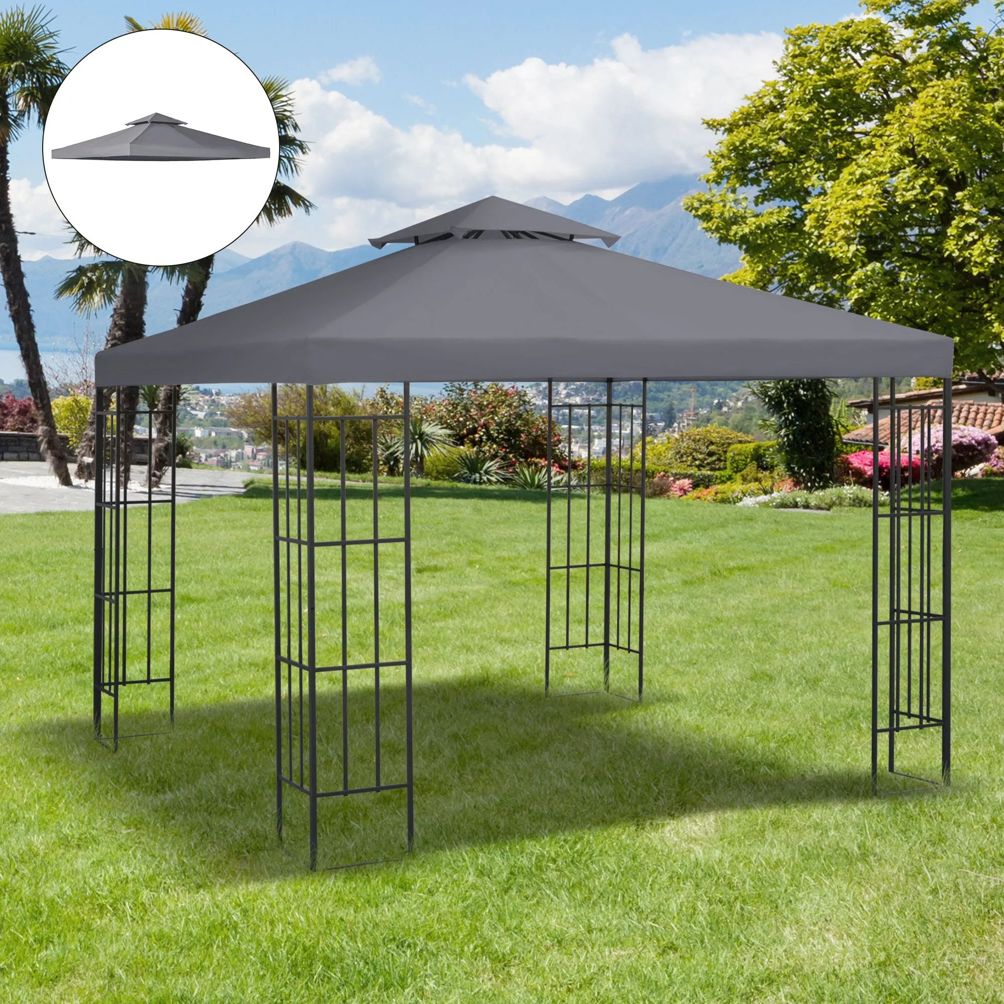 3x3m 2-Tier UV Resistant Replacement Gazebo Roof, Dark Grey - Image 2