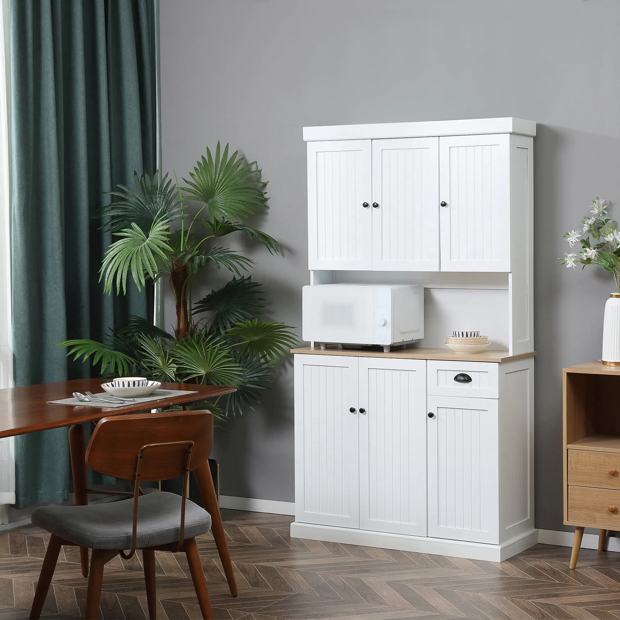 Wooden Kitchen Cabinet Pantry with Cabinets and Drawer Country Style, 101x39x180cm, White - Image 3