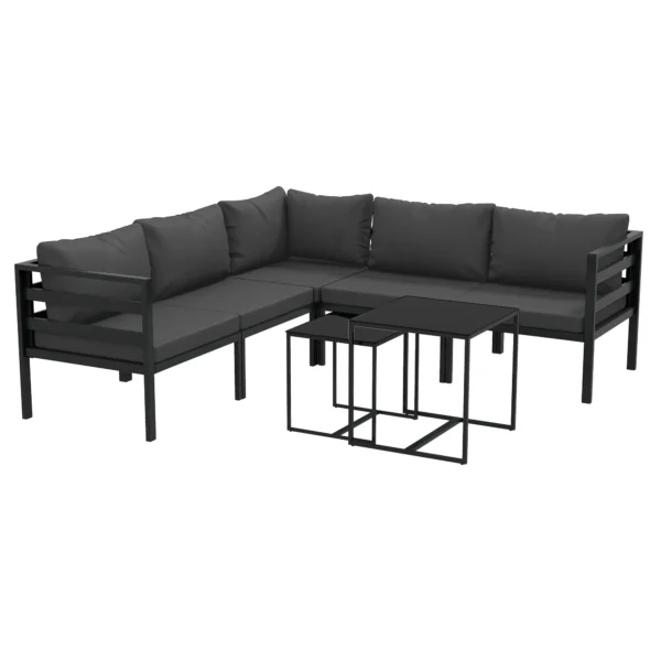 7 Piece Steel and Polyester Garden Set with 5 Chairs with Cushions and 2 Coffee Tables, Grey