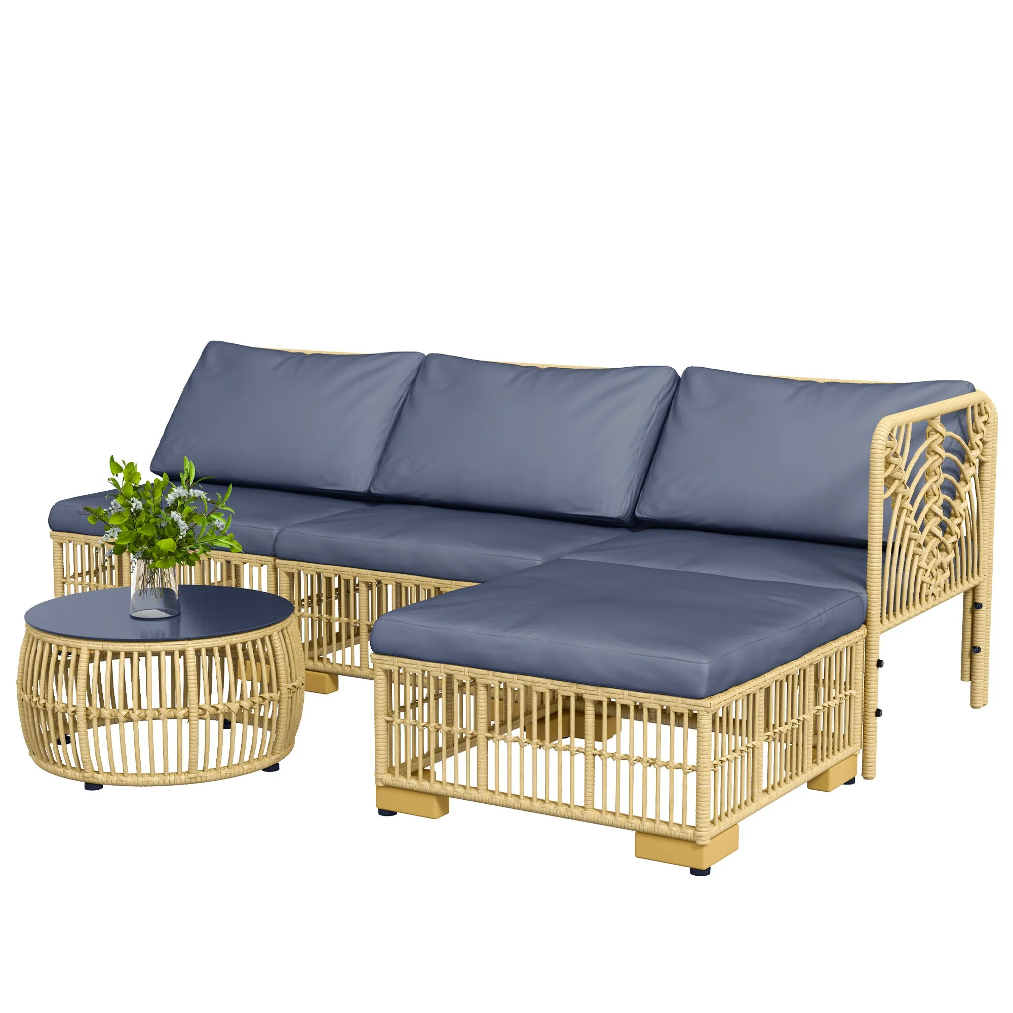 Garden Rattan Lounge Set with Modular Sofa, Cushions and Coffee Table, Grey - Image 2