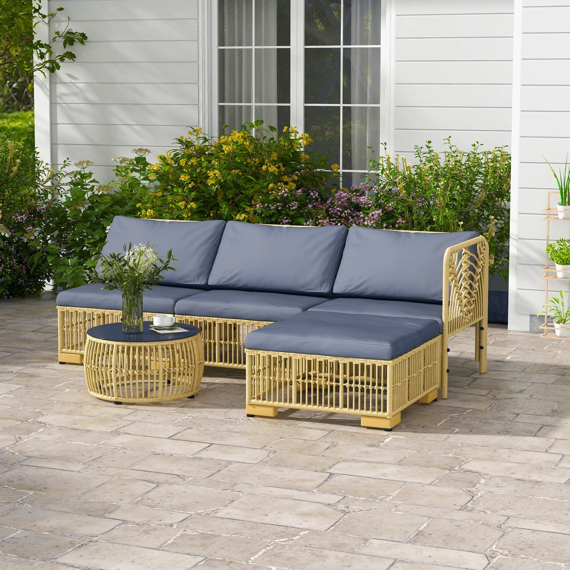 Garden Rattan Lounge Set with Modular Sofa, Cushions and Coffee Table, Grey - Image 3